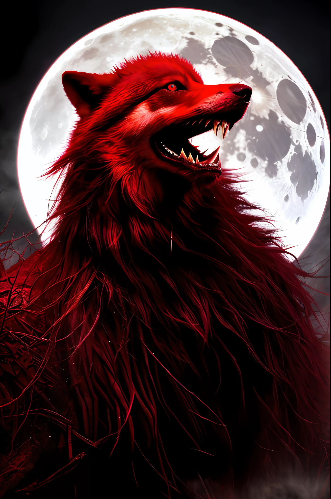 best quality, masterpiece, 
a monster, god, holy, fog, big red bleeding eye and blood moon as background,
elden ring,wolf
