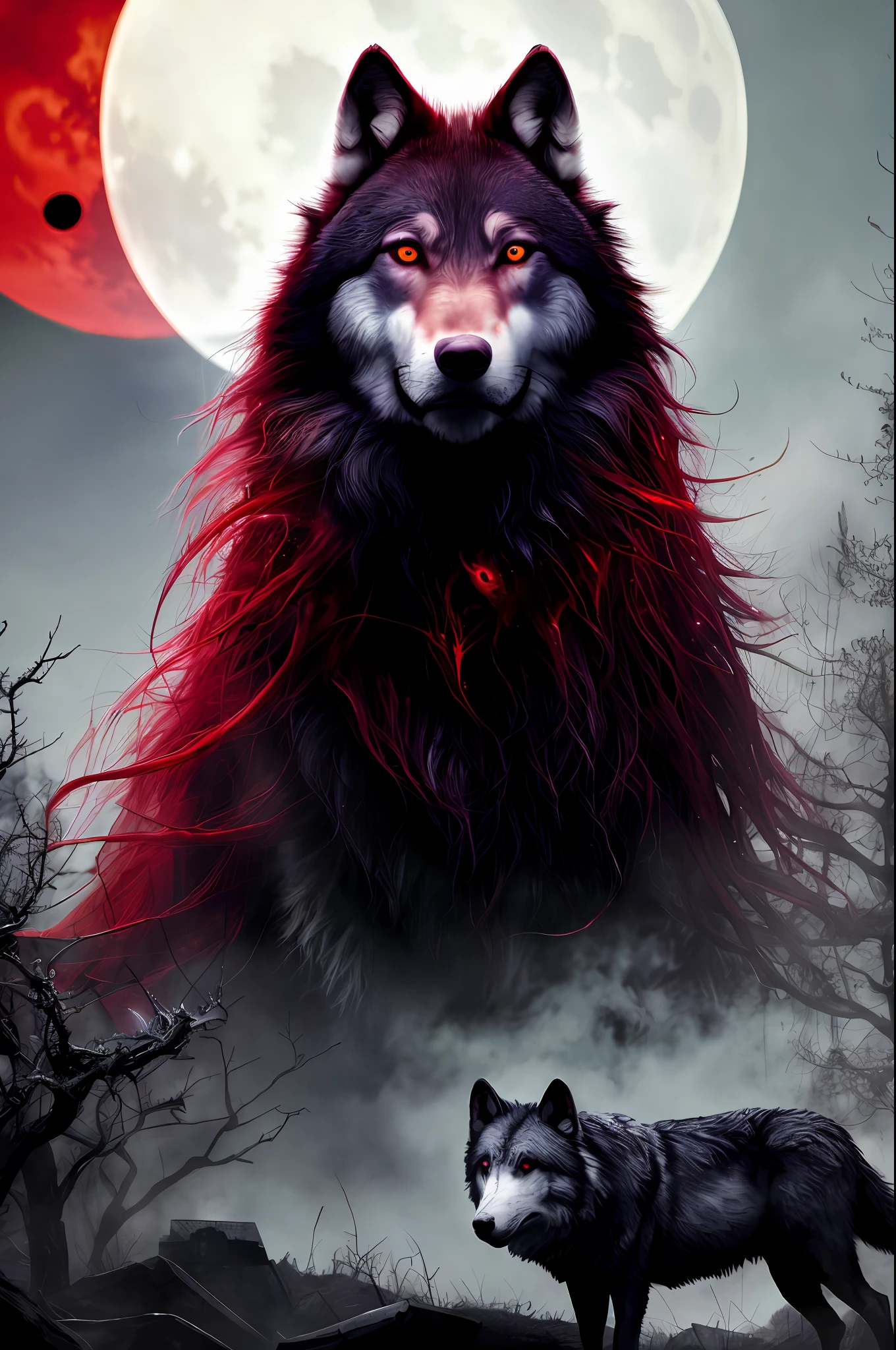 best quality, masterpiece, 
a monster, god, holy, fog, big red bleeding eye and blood moon as background,
elden ring,wolf