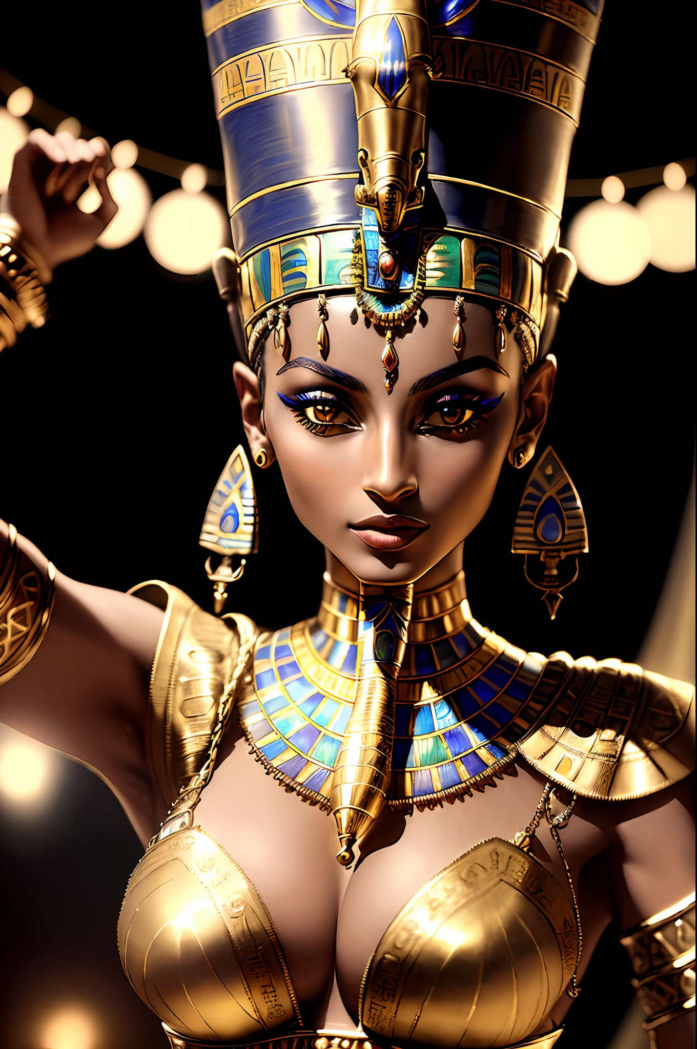 (masterpiece), (best quality:1.4), absurdres, [:intricate details:0.2], Nefertiti, close shot, in a egyptian-theme scene, hyperdetailed HDR photography, taken at night and highlighting intricate details of her skin, (looking at viewer:1.2), dynamic pose,