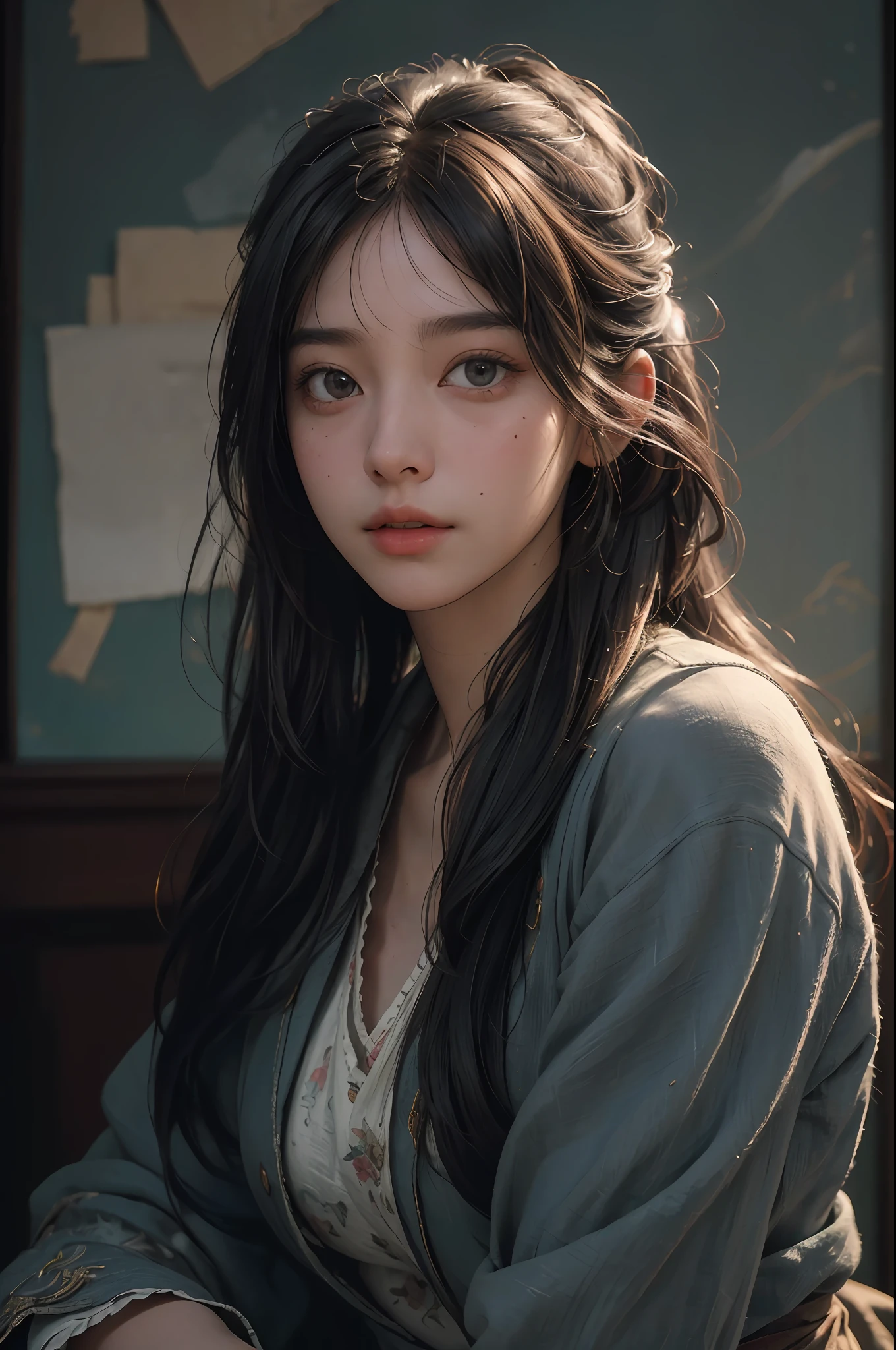 (RAW photo, best quality), (realistic, photo-realistic:1.3),best quality,highly detailed,masterpiece,ultra-detailed,illustration,1girl,upper_body,dynamic angle,world masterpiece theater,messy_long_hair,best quality,extremely detailed CG unity 8k wallpaper,ink,Amazing,cinematic lighting,lens_flare, dunhuang_style