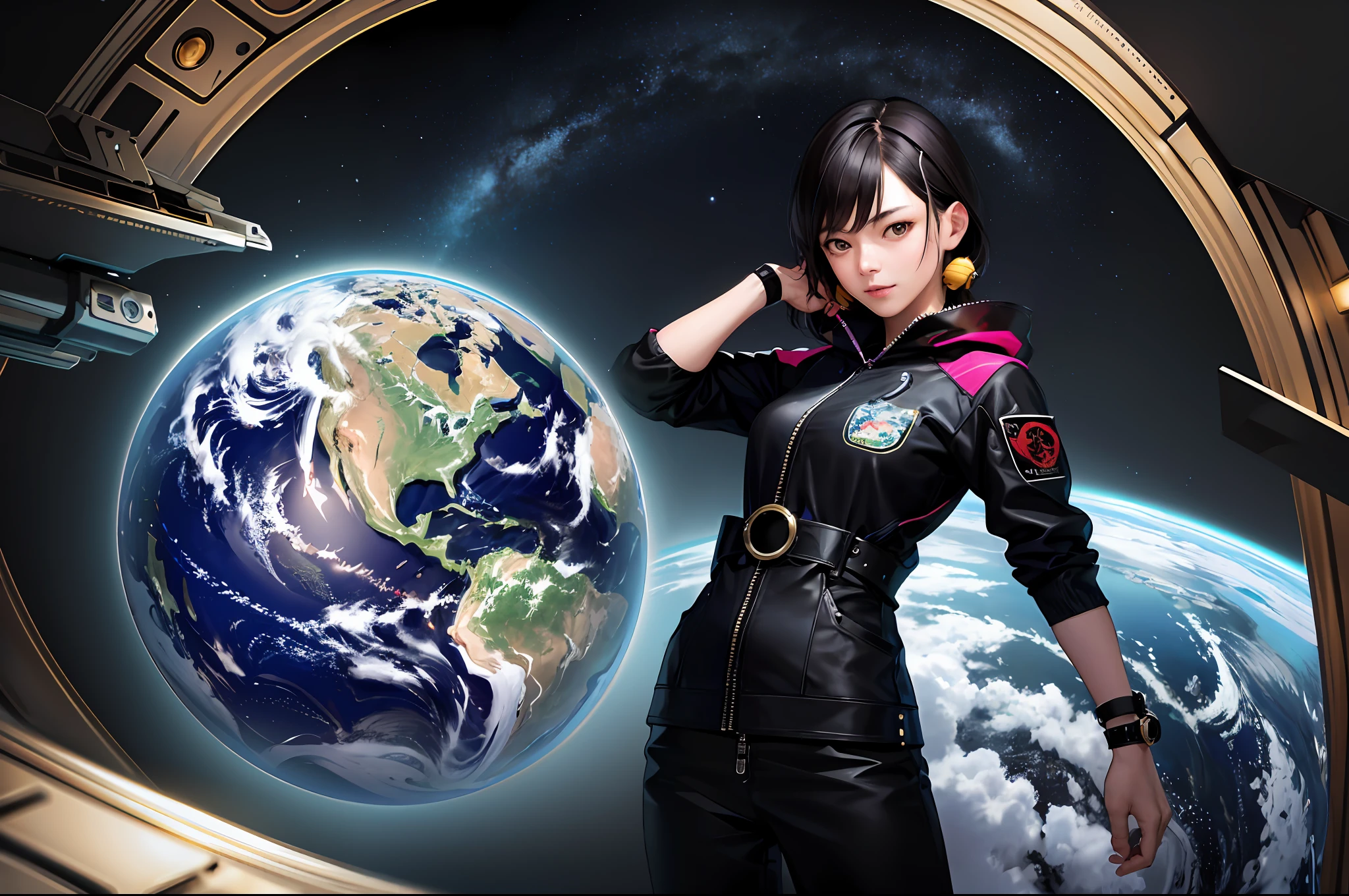 ichiro, Best quality, masterpiece, ultra high res, (photorealistic: 1.4), absurdists, CircuitBoardAI woman, intricate details, aiming the planet earth out of the orbida