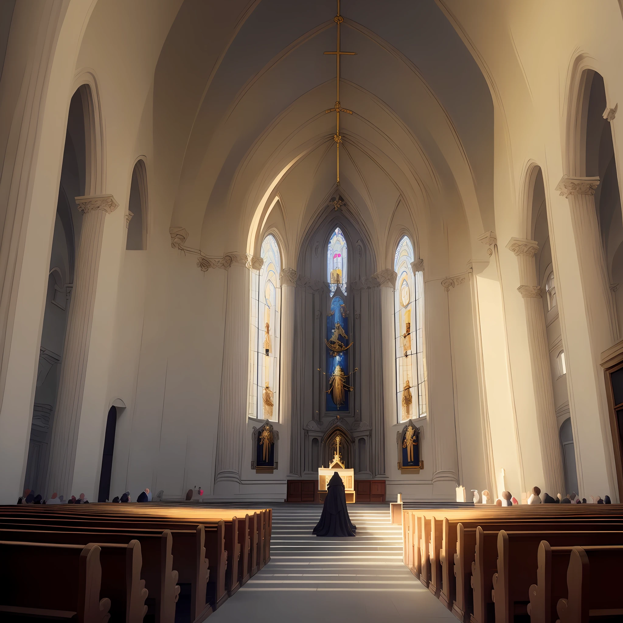 Create an image of the front of a very large church, at the door of this church a lion with a crown on its head, on top of this church a sky on a sunny day and the silhouette of angels appearing in that sky
