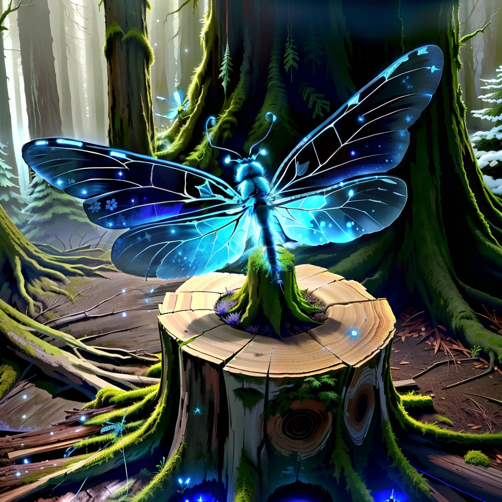 magestic redwood stump, hints of moss, fairy lights at the base of stump, beautiful blue dragonfly sitting on the top of tumps,