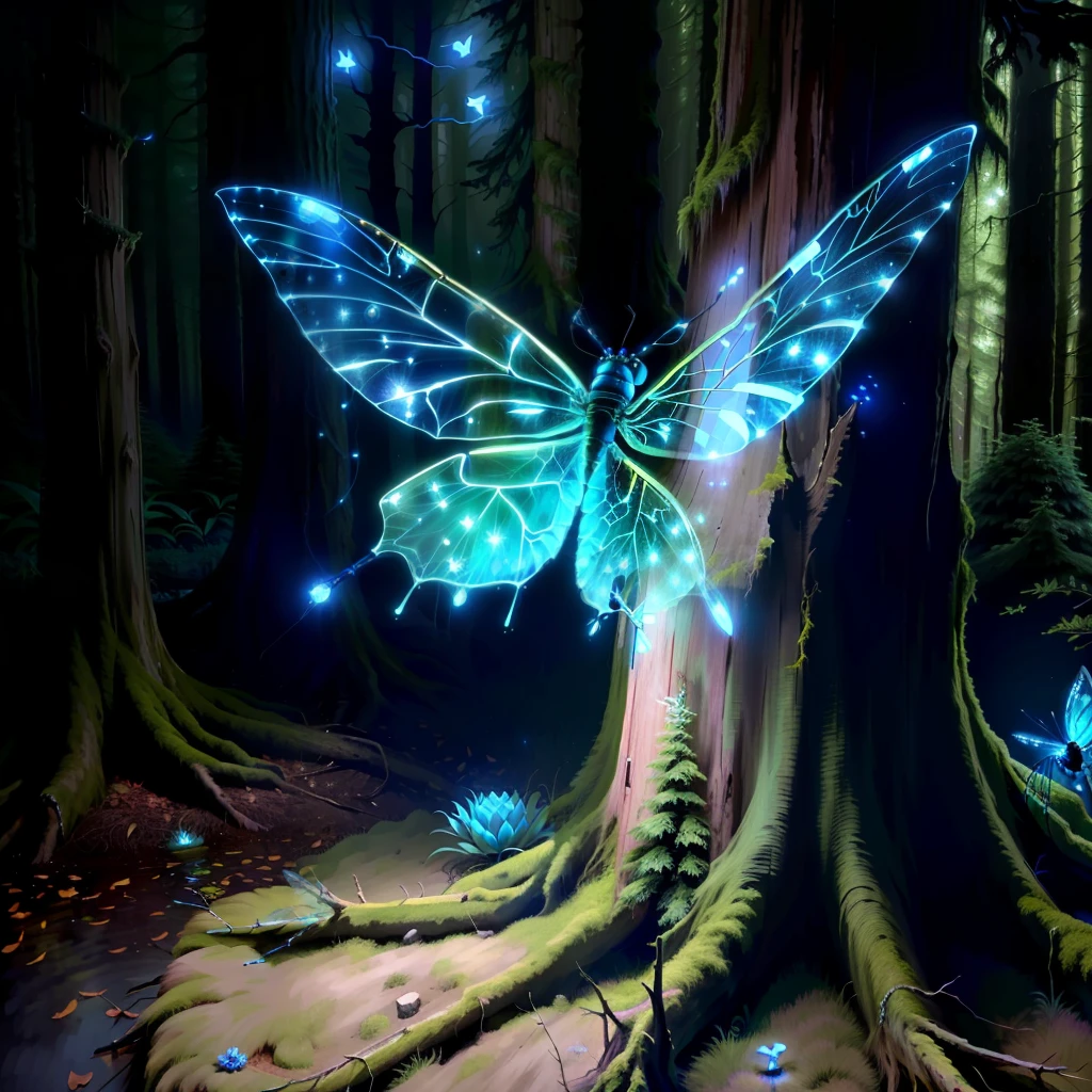 magestic redwood stump, hints of moss, fairy lights at the base of stump, beautiful blue dragonfly sitting on the top of tumps,