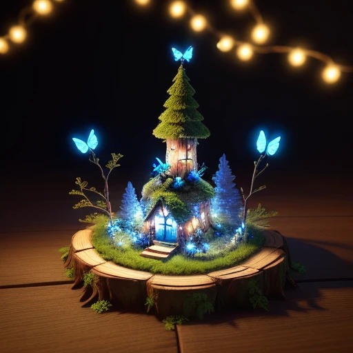 fantasy, 3D, good quality, redwood tree stump ant home, with fairy lights at the base of the stump, small blue dragonfly on the top