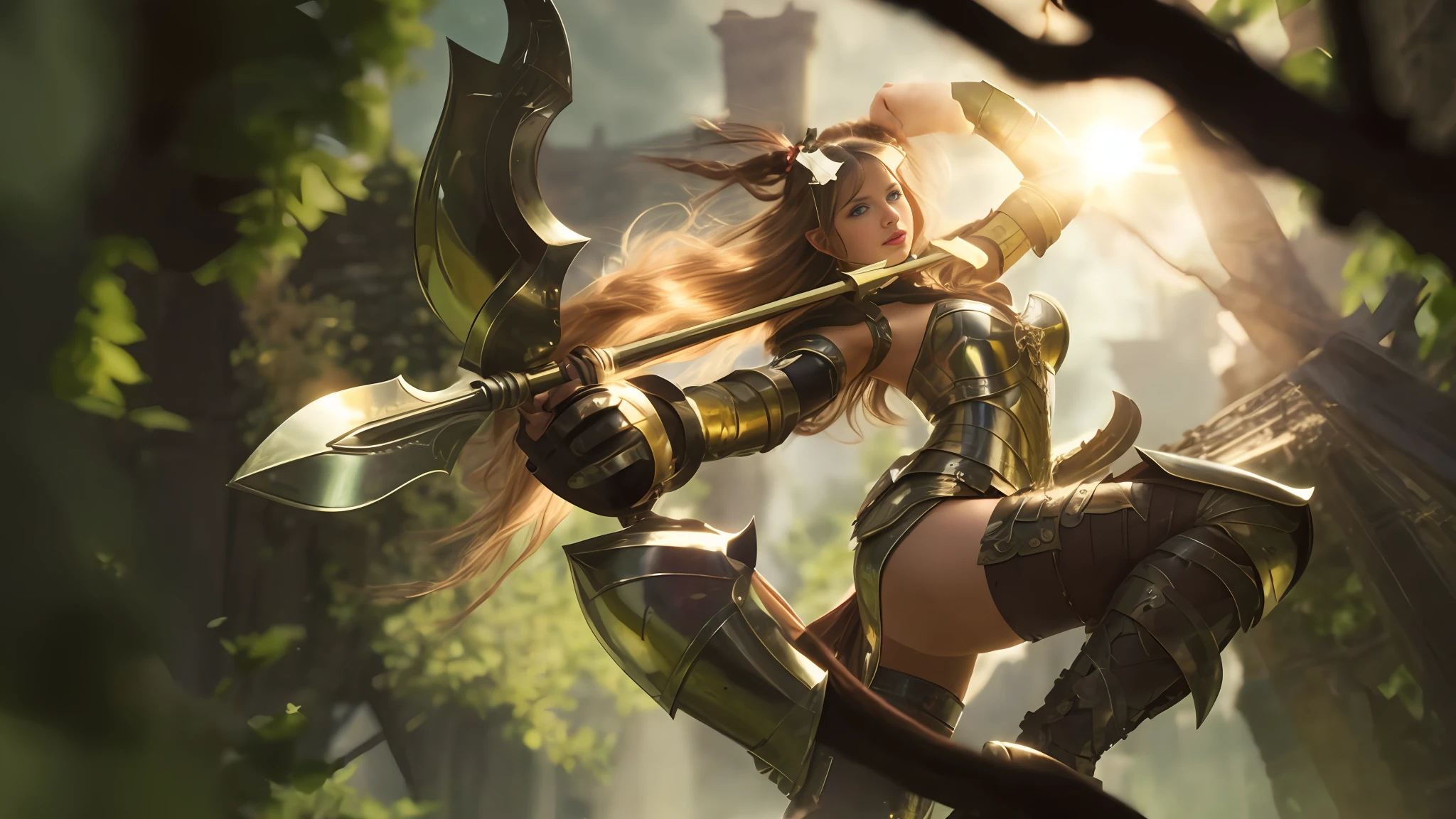 Medieval woman, long hair, metallic armor, muscular body, holding flex bow, look towards the target.