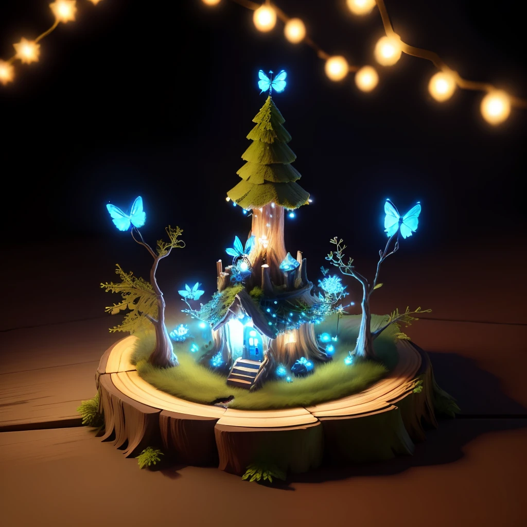 fantasy, 3D, good quality, redwood tree stump ant home, with fairy lights at the base of the stump, small blue dragonfly on the top