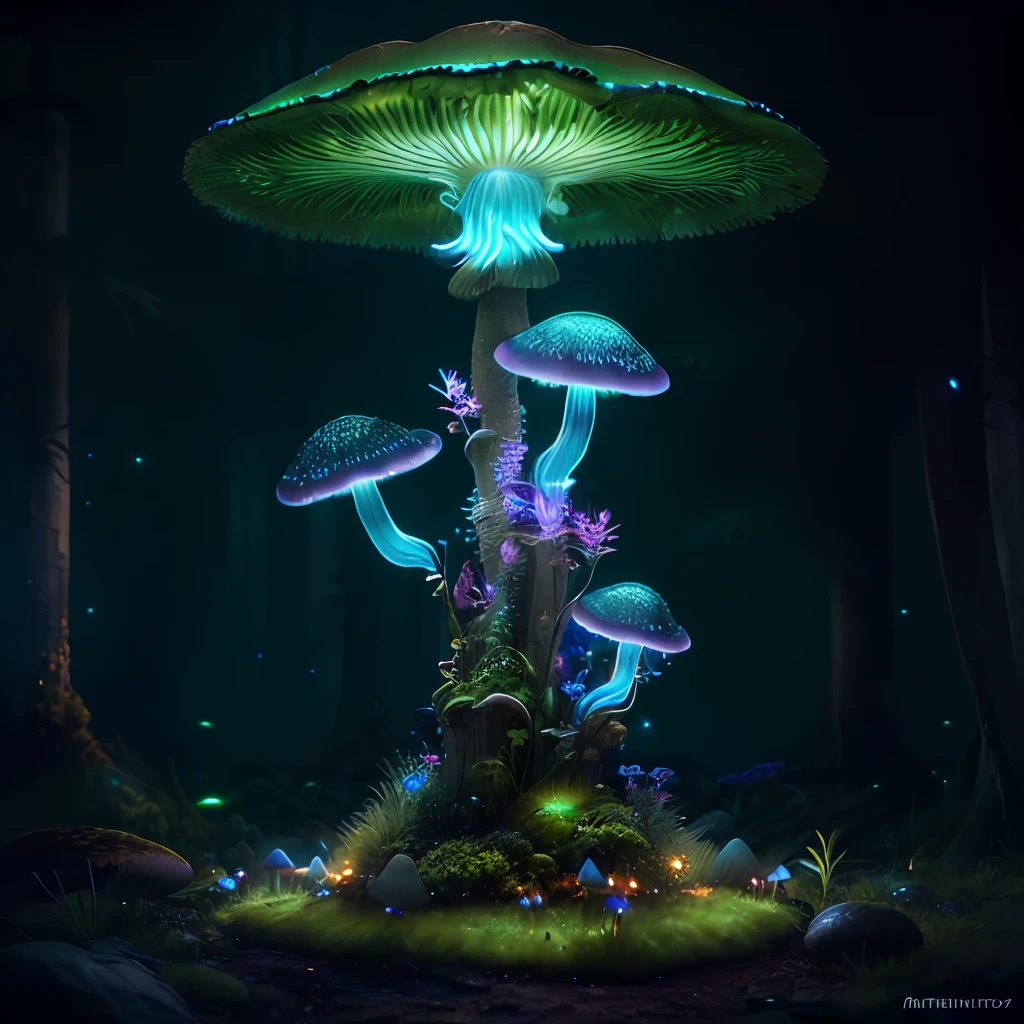 (highly detailed:1.2),(best quality:1.2),8k,sharp focus,(subsurface scattering:1.1)
(glowing magic bioluminescent mushrooms:1.2),psychadelic magic particles inthe air, (neon bioluminescent mushroom forest at night:1.2), (magical fireflies:1.2)
(very detailed trees and rocks and moss:1.2), (highly detailed background:1.3), RPG, Elden Ring style, (fantasy:1.3),(hyperrealistic:1.2), cinematic lighting, highly detailed, artstation,smooth, sharp focus, artgerm, greg rutkowski, alphonse mucha, editor's pickup, trending on artstation, trending on deviantart, wlop