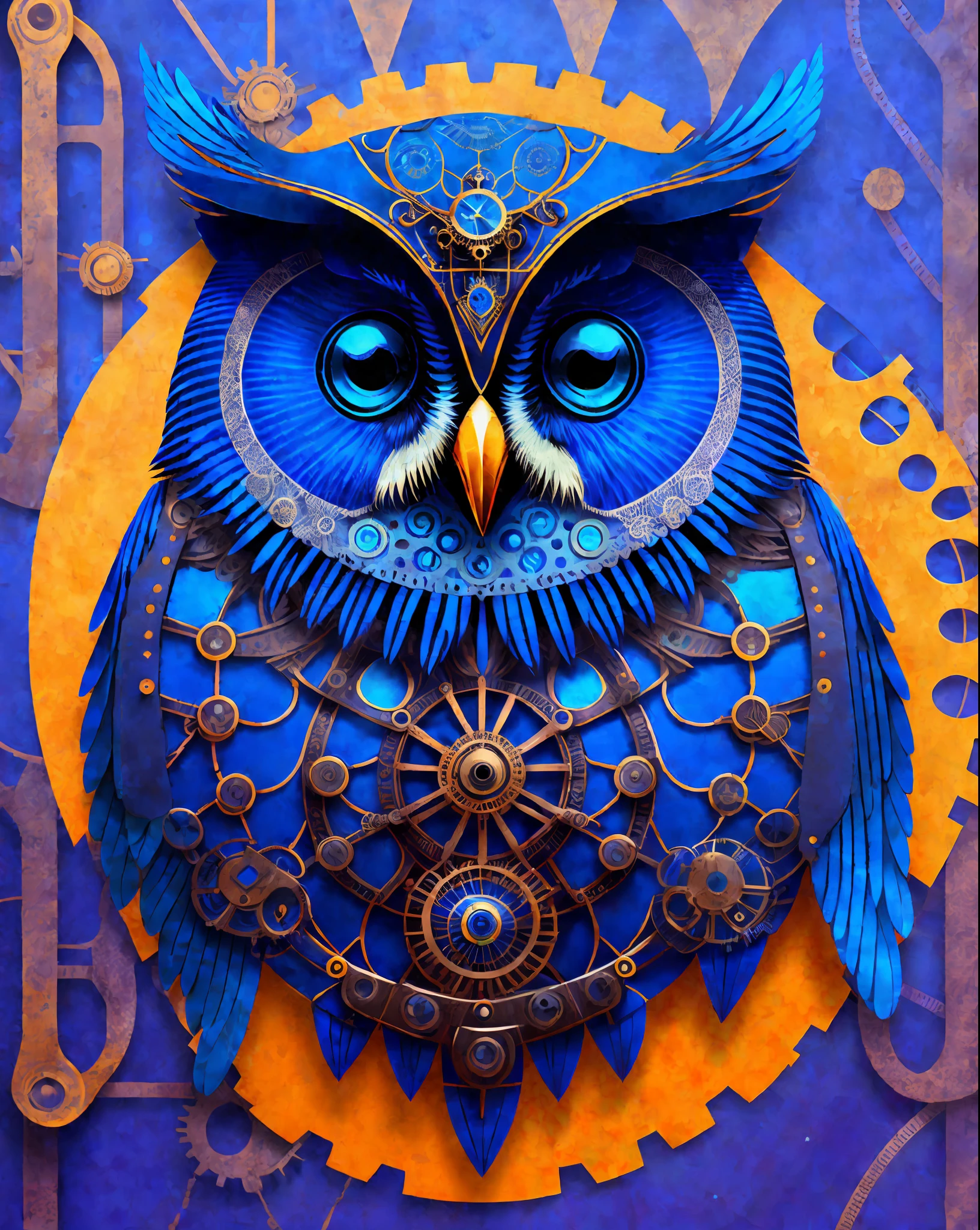 Portrait of an owl, steampunk, indigo blue, colorful, illustration, highly detailed, simple, smooth, and clean vector, no jagged lines, vector art, smooth, made all with grey colored gears inspired by future technology