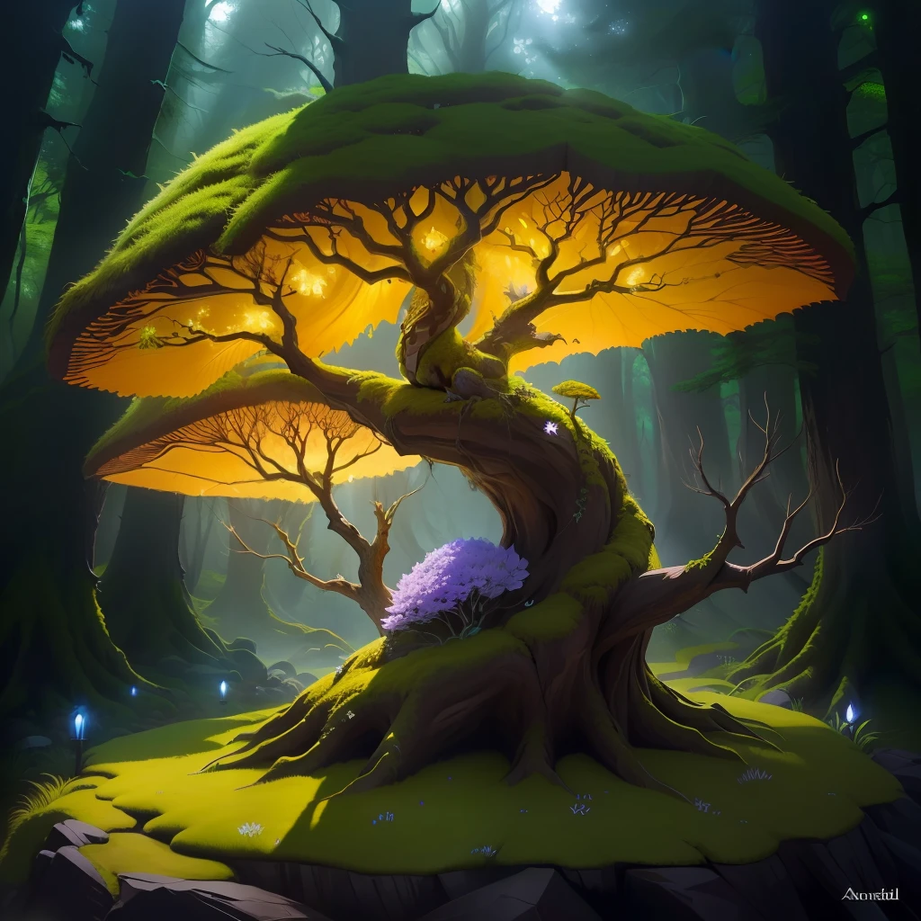 dragon's tooth, anthill, luminous, tree, flowery, moss, realistic