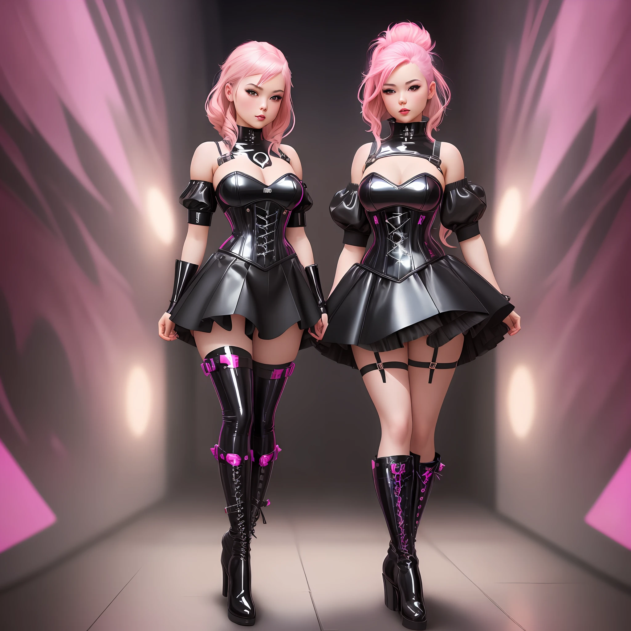 one cute girl with pink hair dressed with latex black corset, black glossy high boots to the knee, suggestive, short ruffled skirt, by artgerm, league of legends art, oil painting, well done color gradient, keep proportions, high definition, best quality