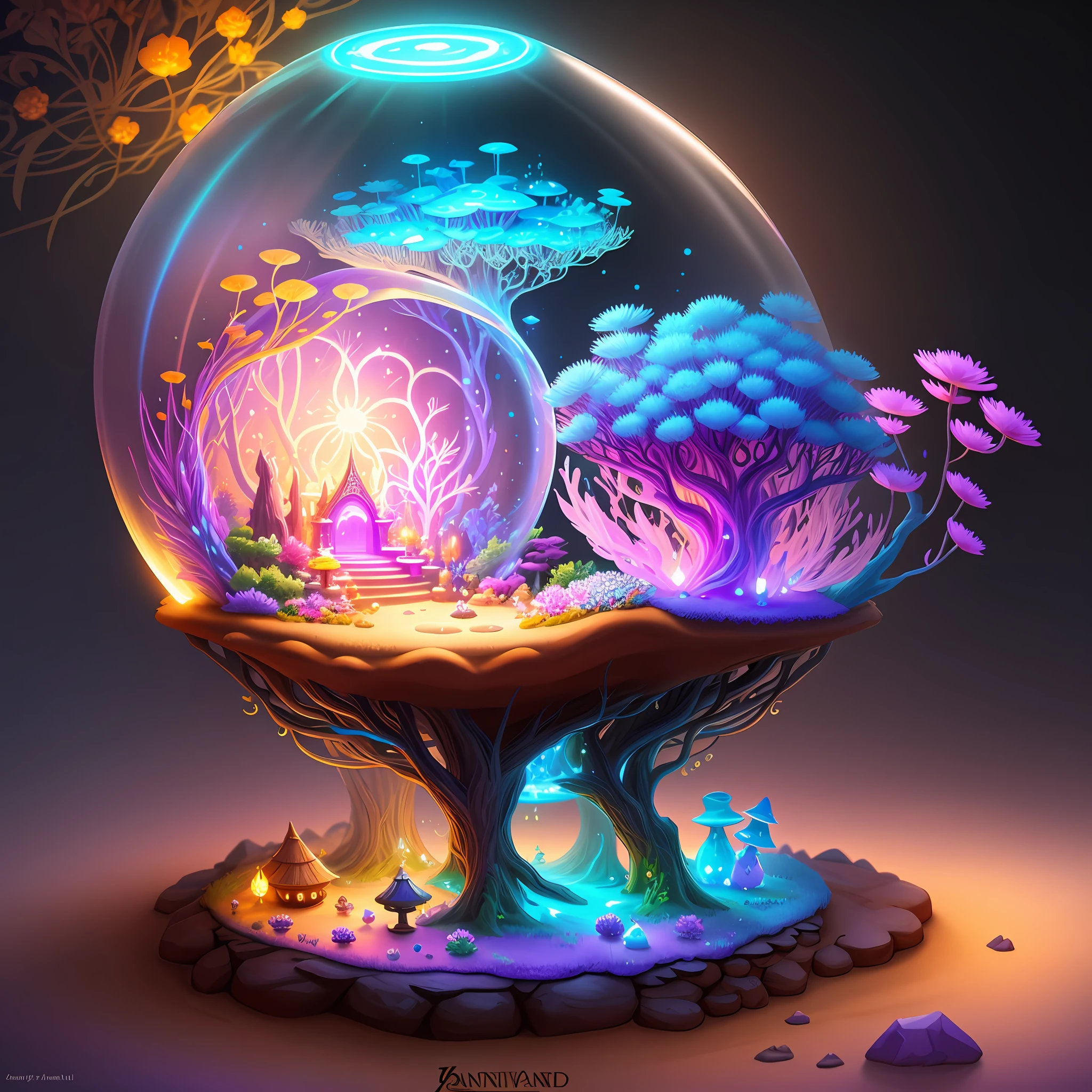 Anthill made of sand, on top of anthill is a pot made of glowing crystals, fungus and flowers, cute detailed digital art, glowing flowers, magical garden plant creatures, graphic of enchanted terrarium, colorful alien flora, adorable digital painting, glowing plants, magical flowers, colorful concept art, fantasy game art style, magical cauldron, glowing rich colors, magic world. colorful, stylized concept art, colorful glow