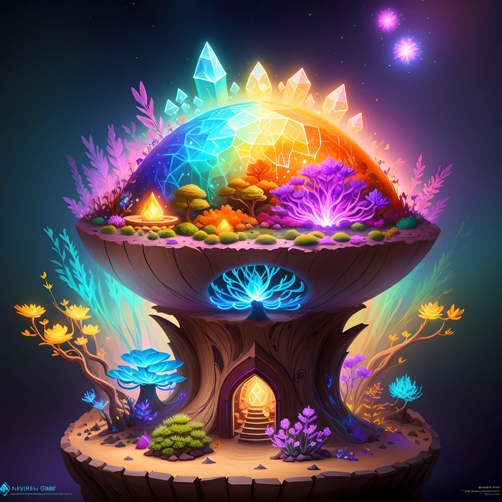 Anthill made of sand, on top of anthill is a pot made of glowing crystals, fungus and flowers, cute detailed digital art, glowing flowers, magical garden plant creatures, graphic of enchanted terrarium, colorful alien flora, adorable digital painting, glowing plants, magical flowers, colorful concept art, fantasy game art style, magical cauldron, glowing rich colors, magic world. colorful, stylized concept art, colorful glow