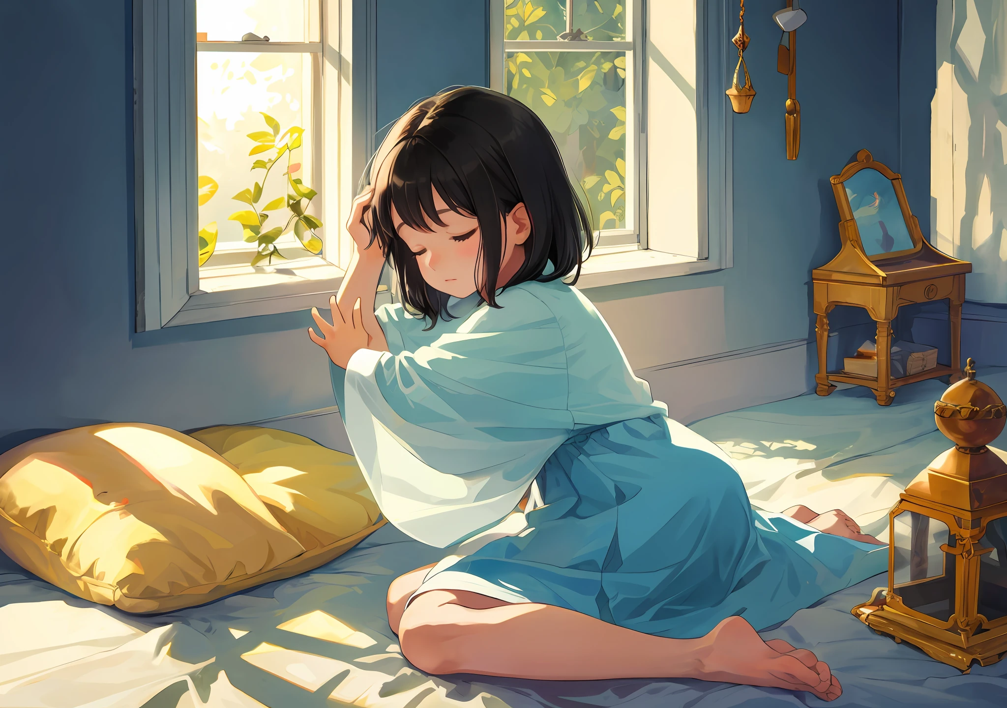 In the center of the room, a brunette child with black hair, nationality (Rio de Janeiro Brazil), is kneeling next to his bed. His eyes are closed in a gesture of concentration, while his small hands are joined in prayer. The child's face is serene and illuminated by an expression of devotion and hope., the camera captures the delicate details of the room, how old and simple toys are even broken, everything shows the importance of faith in the child's life. As the child prays, a ray of sunlight pierces through the window, gently illuminating his face. This symbolizes a special connection to something greater, a sense of transcendence and divine protection. The ambient sound is soft and serene, with the soft whisper of the wind and a quiet background of soothing music or a soft whisper of words from the child's prayer. The moment is filled with a feeling of peace and serenity. This scene depicts the purity and innocence of a child's faith. She seeks comfort and guidance by expressing her innermost thoughts and desires in sincere prayer. The careful framing and tranquil atmosphere capture the essence of this intimate, personal moment of spiritual connection. raw, photo-realistic, film grain, ultra-realistic, masterpiece, best quality, ultra high resolution textures, extremely rich detail textures, HDR, 8K resolution.