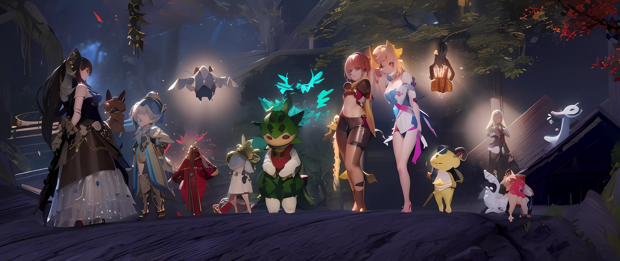 there are many different characters standing together in a forest, <mmorpgs scene, pc screenshot, mmorpg fantasy, game cg, jrpg fashion, mmorpg, fantasy mmo, official screenshot, full dress of lava showcase, 2 d cg, vrchat, crimson themed, inside a magical item shop, characters 8k symmetrical, lunar themed attire