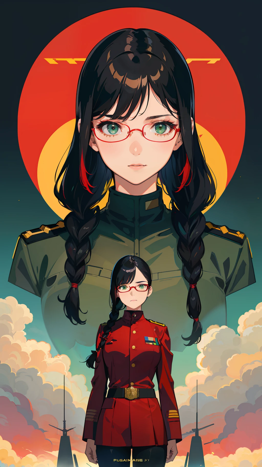 Human-like,Movie Poster,Real,(Face Resolution),Adult,Woman,25 years old,Dark green eyes,Dark black hair,Red glasses,(Double Braid hairstyle),(Smooth bang shape:1.4)),Commander uniform,Commander uniform,Standing at the Air Force Airfield,Science fiction,Sci-fi,(Reference to the film Foundation)