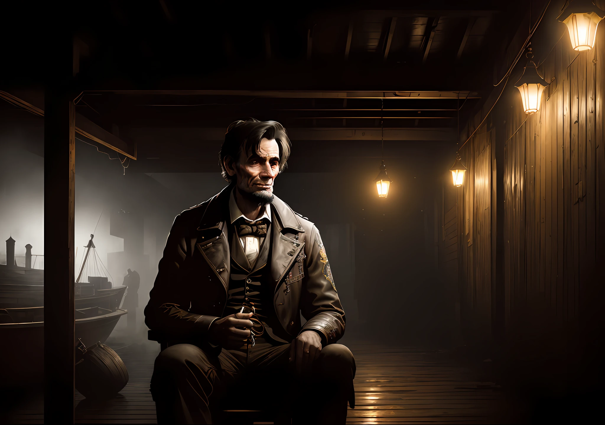 ABRAHAM LINCOLN dark photo: sitting on an old boat, realistic epic, portrait of, James Gilleard, by Joe Fenton, by Kaethe Butcher, yellow gradient, black, brown and magenta color scheme, grunge aesthetic!!! Graffiti brand wall background, art by Greg Rutkowski and Artgerm, soft cinematic light, Adobe Lightroom, Photo Lab, HDR, intricate, highly detailed, (depth of field: 1.4), faded, (neutral colors: 1.2), (HDR: 1.4), (soft colors:1.2), hyperdetailed, (Artstation:1.4), cinematic, warm lights, dramatic light, (intricate details:1.1), complex background, (Rutkowski:0.66), (blue and orange:0.4)