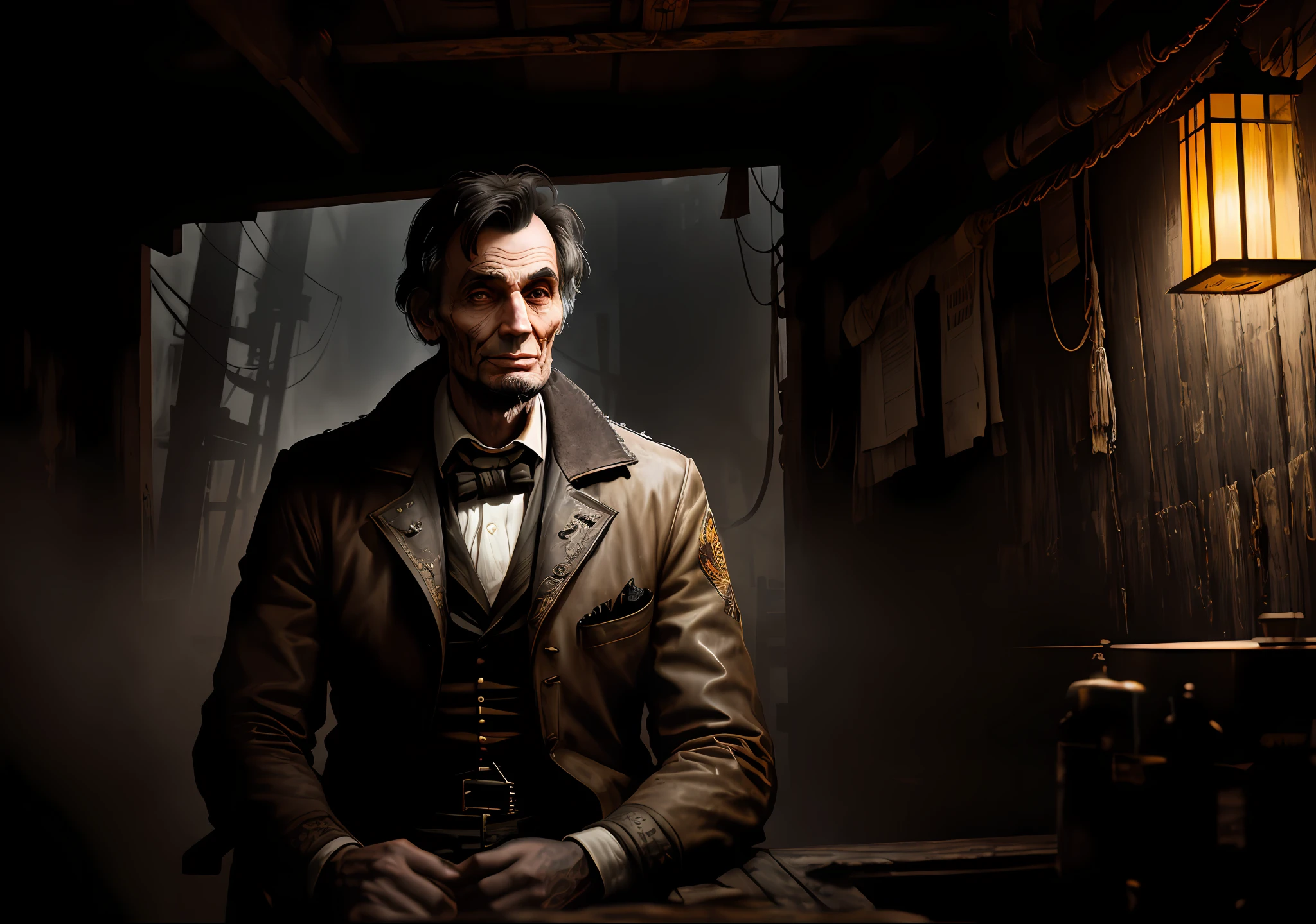 ABRAHAM LINCOLN dark photo: sitting on an old boat, realistic epic, portrait of, James Gilleard, by Joe Fenton, by Kaethe Butcher, yellow gradient, black, brown and magenta color scheme, grunge aesthetic!!! Graffiti brand wall background, art by Greg Rutkowski and Artgerm, soft cinematic light, Adobe Lightroom, Photo Lab, HDR, intricate, highly detailed, (depth of field: 1.4), faded, (neutral colors: 1.2), (HDR: 1.4), (soft colors:1.2), hyperdetailed, (Artstation:1.4), cinematic, warm lights, dramatic light, (intricate details:1.1), complex background, (Rutkowski:0.66), (blue and orange:0.4)