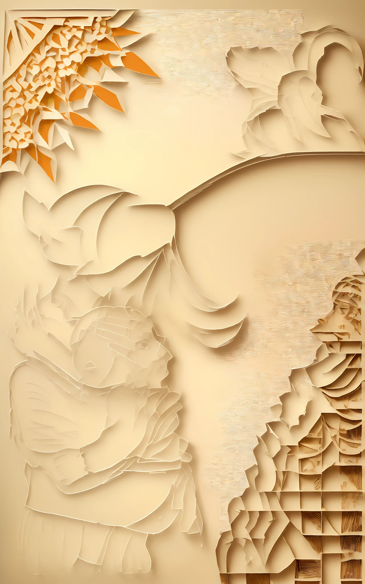((((paper-cutting style))), warm tone, (((1woman+1child))), with paper-cut texture, streamers and flowers outline the picture.