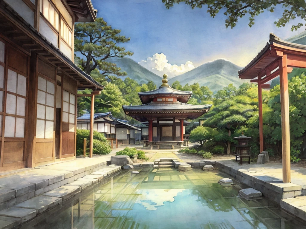 Delicate watercolour illustration of traditional temple in Kyoto japan, cozy, beautiful composition, summer afternoon colour scheme, sharp details, intricate details