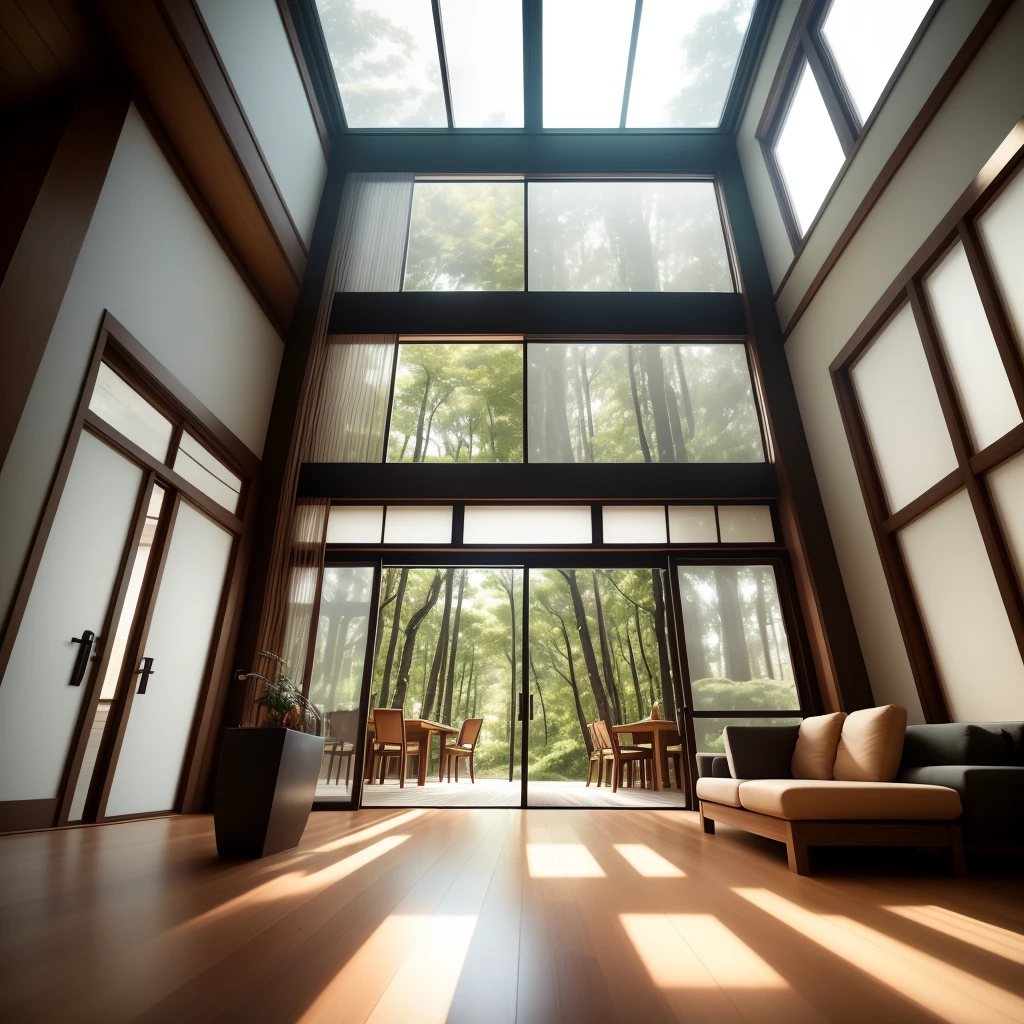 Interior design,insanely detailed wide angle architecture photography, cozy contemporary living room,(bright warm sunlight 1:0.1), award-winning contemporary interior design, scenery, table, chair, indoors, wooden floor, window, restaurant, east asian architecture, sliding doors, lamp, architecture, forest, nature, cup, plant,INTERIOR DESIGN,intersting lights and shadows, Depth of Field,low light, ,