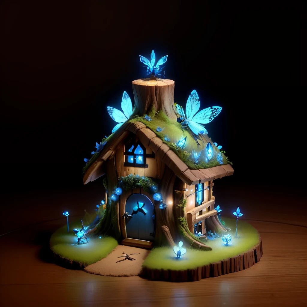 fantasy, 3D, good quality, redwood tree stump ant home, with fairy lights at the base of the stump, small blue dragonfly on the top