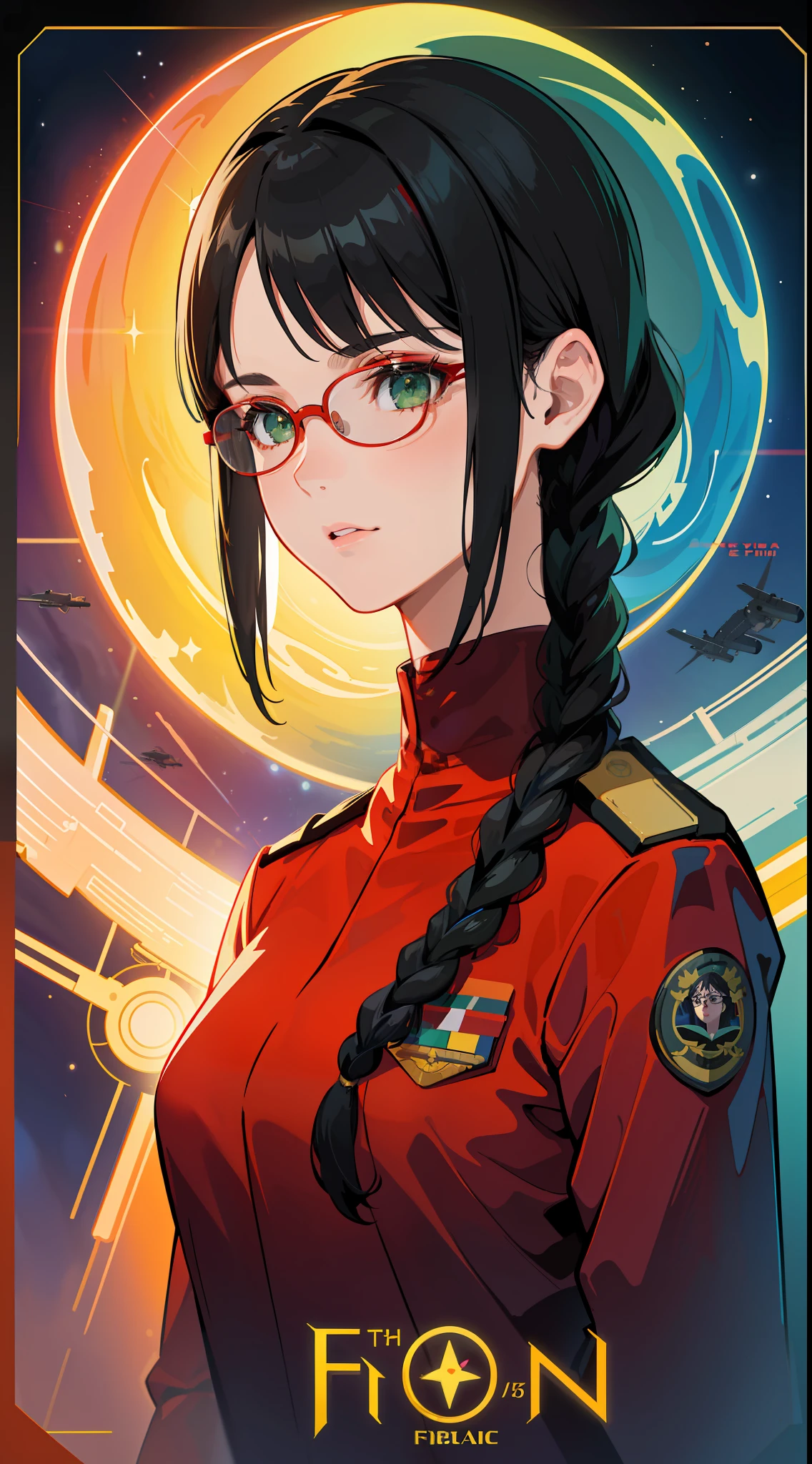 Human-like,Movie Poster,Real,(Face Resolution),Adult,Woman,25 years old,Dark green eyes,Dark black hair,Red glasses,(Double Braid hairstyle),(Smooth bang shape:1.4)),Commander uniform,Commander uniform,Standing at the Air Force Airfield,Science fiction,Sci-fi,(Reference to the film Foundation)