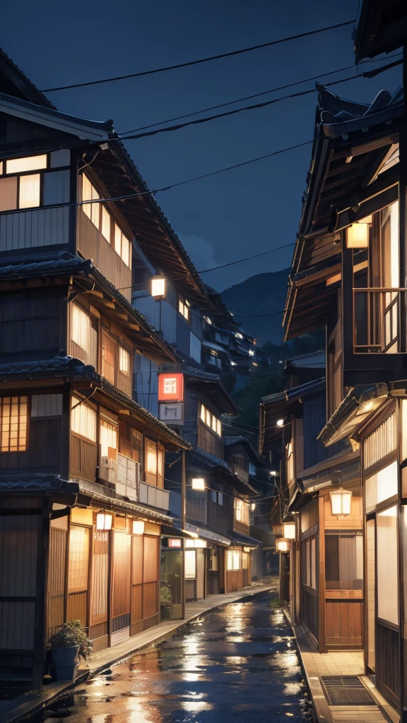 absurdres, highres, ultra detailed, splicing skyscraper ryokan, a building that has a lot of windows and balconies on it, japanese rural town, stood outside a corner shop, classified photo, low angle photo, rustic and weathered, complete house, evening, blurry and dreamy photo,