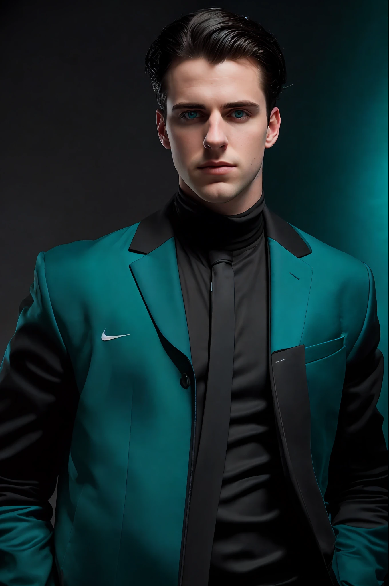 portrait of an award-winning photo of a handsome young white man, black hair, posing in a dark studio, (rim lighting,: 1.4) two-tone lighting, sharp focus, teal hue, octane, unreal, poorly lit, low key,