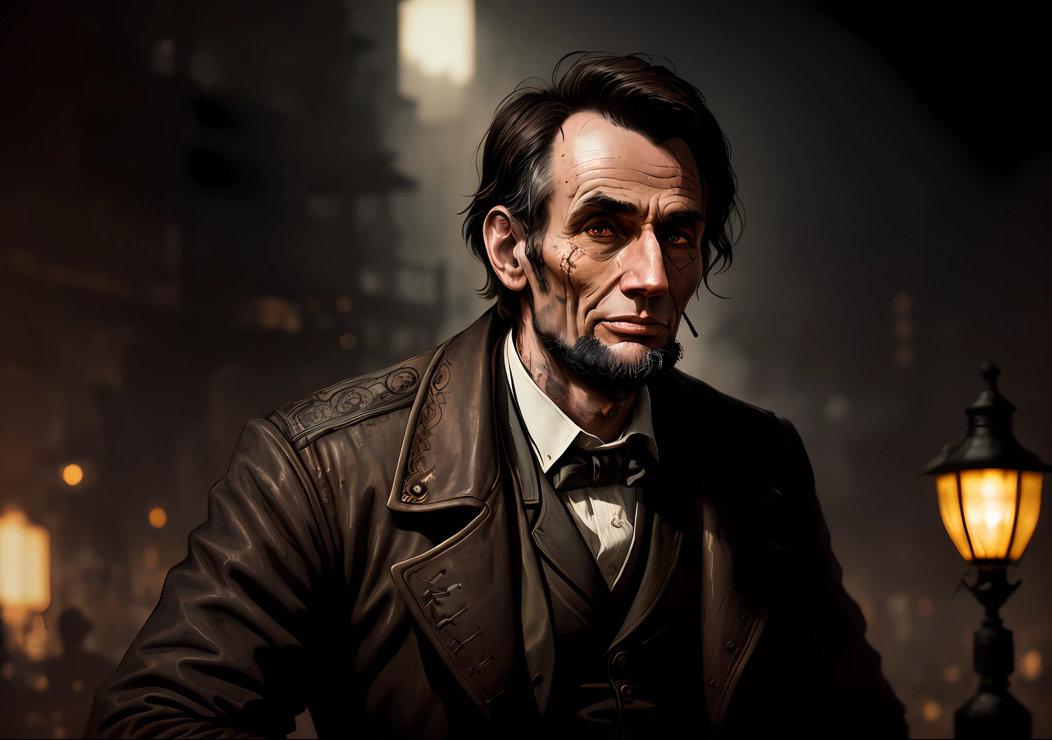ABRAHAM LINCOLN dark photo: sitting on an old boat, realistic epic, portrait of, James Gilleard, by Joe Fenton, by Kaethe Butcher, yellow gradient, black, brown and magenta color scheme, grunge aesthetic!!! Graffiti brand wall background, art by Greg Rutkowski and Artgerm, soft cinematic light, Adobe Lightroom, Photo Lab, HDR, intricate, highly detailed, (depth of field: 1.4), faded, (neutral colors: 1.2), (HDR: 1.4), (soft colors:1.2), hyperdetailed, (Artstation:1.4), cinematic, warm lights, dramatic light, (intricate details:1.1), complex background, (Rutkowski:0.66), (blue and orange:0.4)