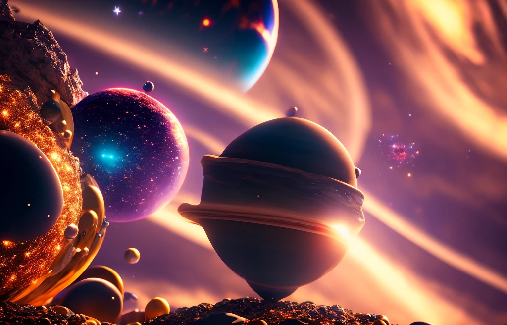 background stars, planets orbiting a black hole. (((masterpiece))), ((best quality)), realistic, 8k, ultra-detailed, ConceptArt, highly detailed RAW color photo, side angle, particle effects, ray tracing, cinematic lighting, shallow depth of field, photographed on a Sony Alpha 1, 50mm wide-angle lens, sharp focus, cinematic film still, dynamic pose,