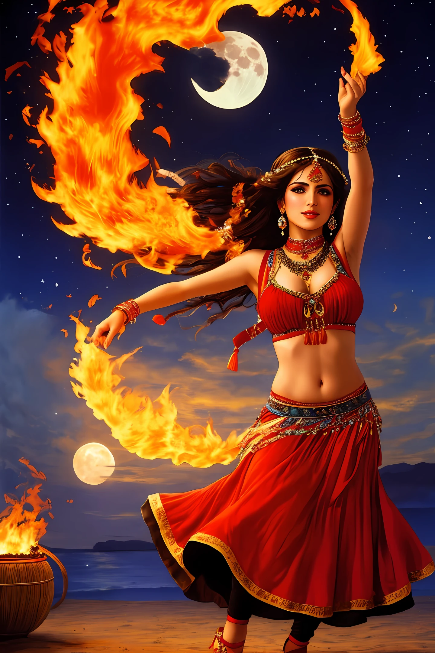 Gypsy dancing on fire and moon