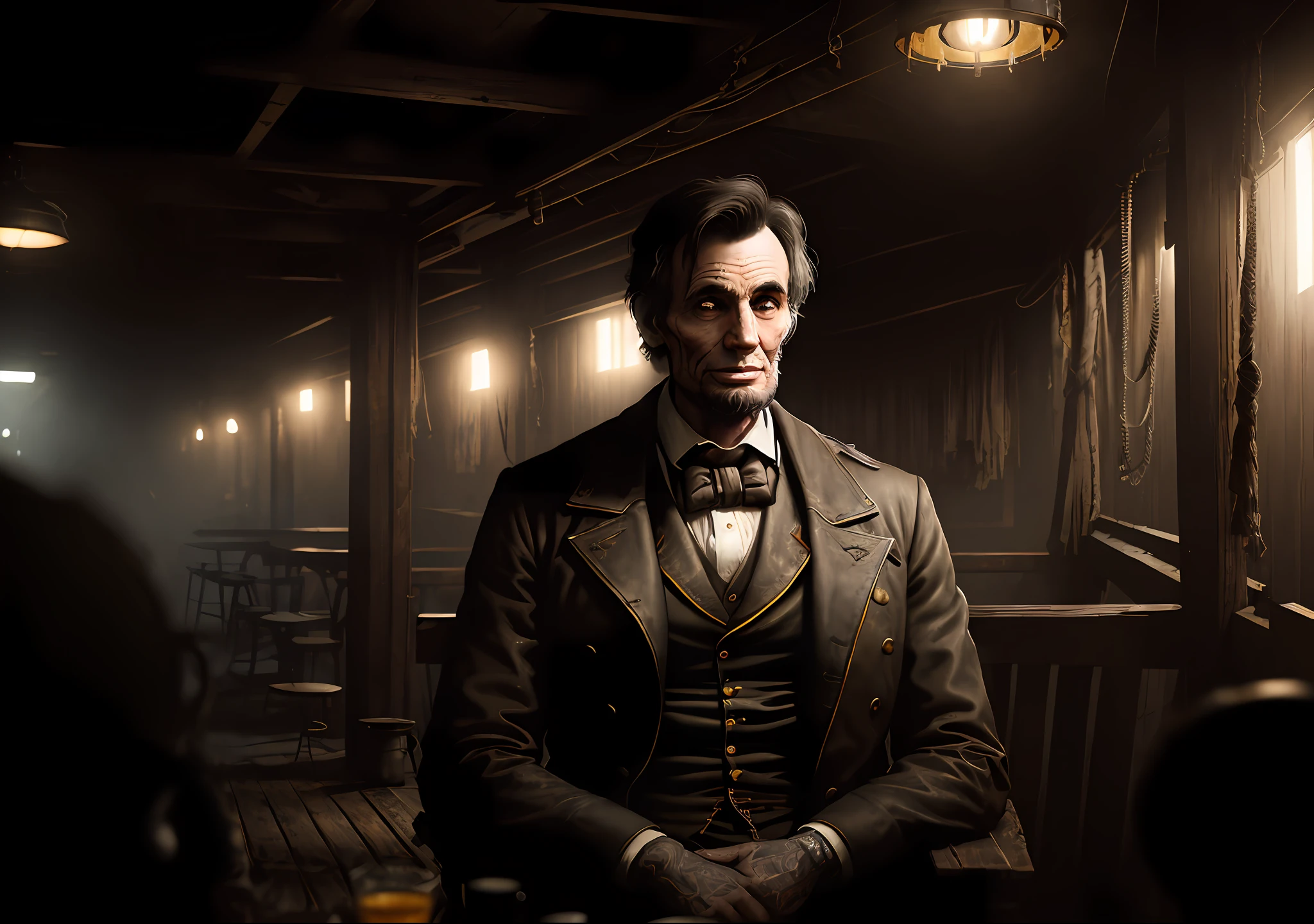ABRAHAM LINCOLN dark photo: sitting on an old boat, realistic epic, portrait of, James Gilleard, by Joe Fenton, by Kaethe Butcher, yellow gradient, black, brown and magenta color scheme, grunge aesthetic!!! Graffiti brand wall background, art by Greg Rutkowski and Artgerm, soft cinematic light, Adobe Lightroom, Photo Lab, HDR, intricate, highly detailed, (depth of field: 1.4), faded, (neutral colors: 1.2), (HDR: 1.4), (soft colors:1.2), hyperdetailed, (Artstation:1.4), cinematic, warm lights, dramatic light, (intricate details:1.1), complex background, (Rutkowski:0.66), (blue and orange:0.4)