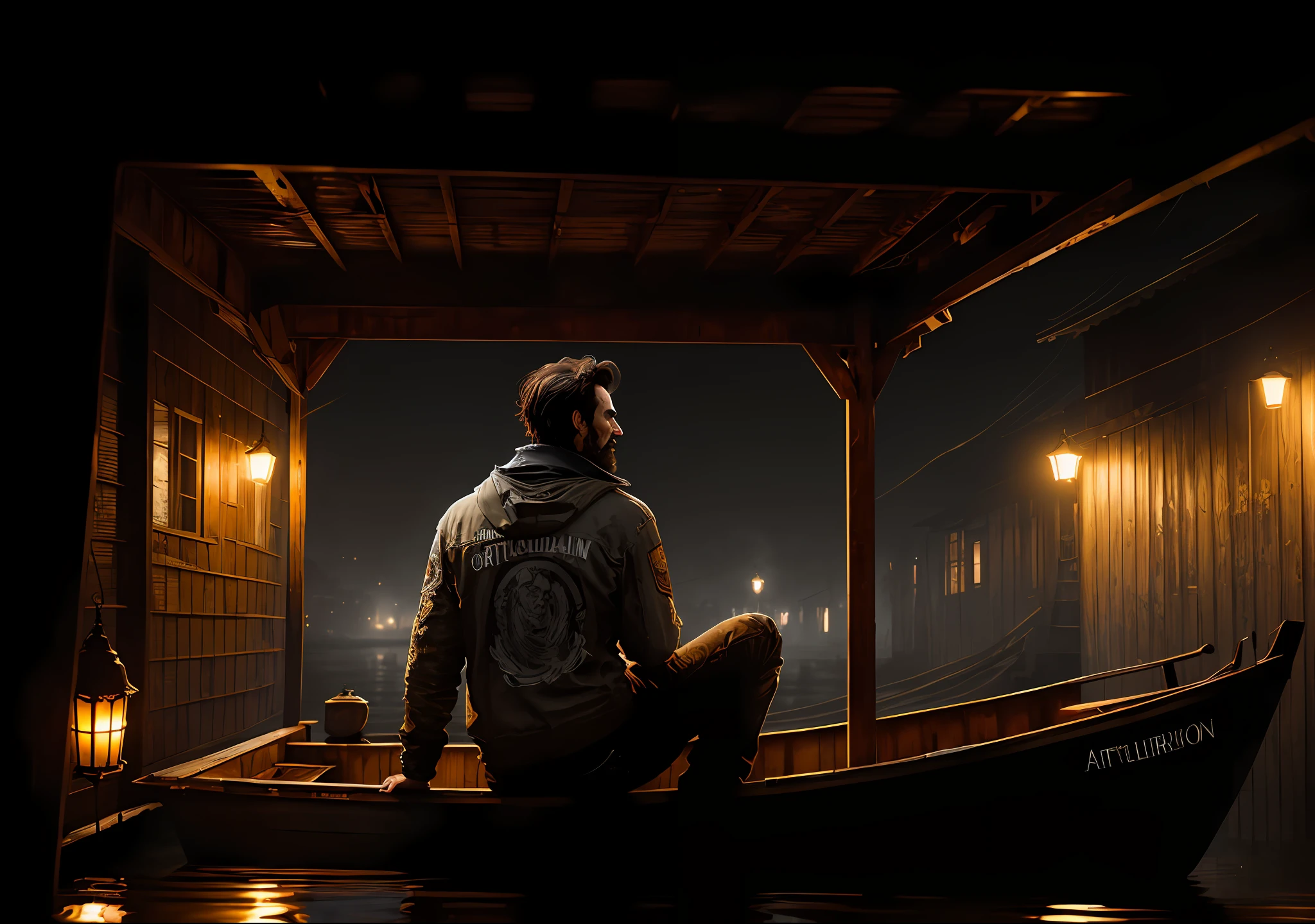 ABRAHAM LINCOLN dark photo: sitting on an old boat, realistic epic, portrait of, James Gilleard, by Joe Fenton, by Kaethe Butcher, yellow gradient, black, brown and magenta color scheme, grunge aesthetic!!! Graffiti brand wall background, art by Greg Rutkowski and Artgerm, soft cinematic light, Adobe Lightroom, Photo Lab, HDR, intricate, highly detailed, (depth of field: 1.4), faded, (neutral colors: 1.2), (HDR: 1.4), (soft colors:1.2), hyperdetailed, (Artstation:1.4), cinematic, warm lights, dramatic light, (intricate details:1.1), complex background, (Rutkowski:0.66), (blue and orange:0.4)
