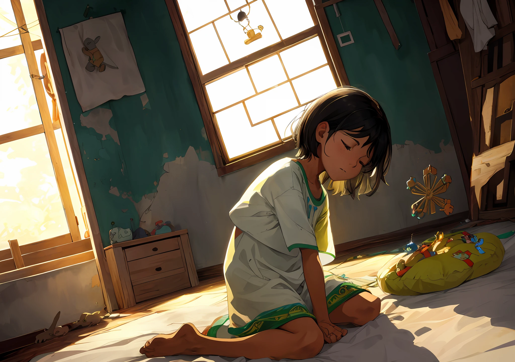 In the center of the room, a brunette child with black hair, nationality (Rio de Janeiro Brazil), is kneeling next to his bed. His eyes are closed in a gesture of concentration, while his small hands are joined in prayer. the child's face is serene and illuminated by an expression of devotion and hope for a better life, the camera captures the delicate details of the room, with old and simple toys some are even broken, in a barnaco of the favela of Rio de Janeiro, everything shows the importance of faith in the life of the child. As the child prays, a ray of sunlight pierces through the window, gently illuminating his face. This symbolizes a special connection to something greater, a sense of transcendence and divine protection. raw, photo-realistic, film grain, ultra-realistic, masterpiece, best quality, ultra high resolution textures, extremely rich detail textures, HDR, 8K resolution.