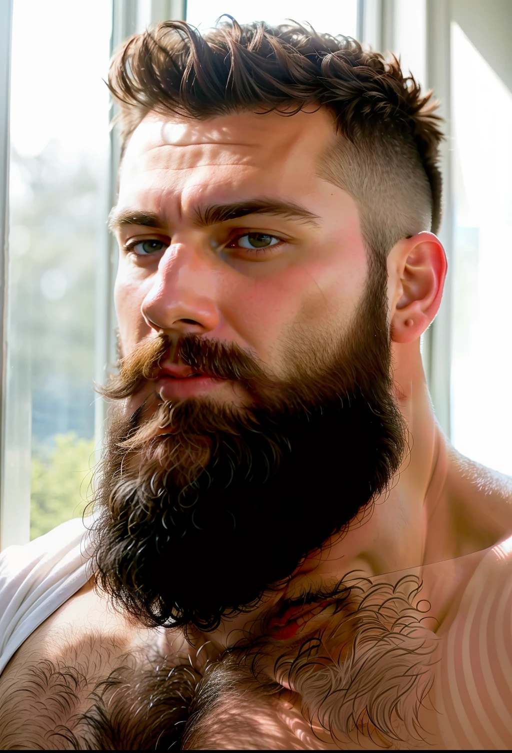 RAW photo, absurd, high quality, photorealistic,
A close-up portrait of a man, muscular, beard, detailed skin, white skin, interiors, window, sunlight, 8k uhd, DSLR, film grain