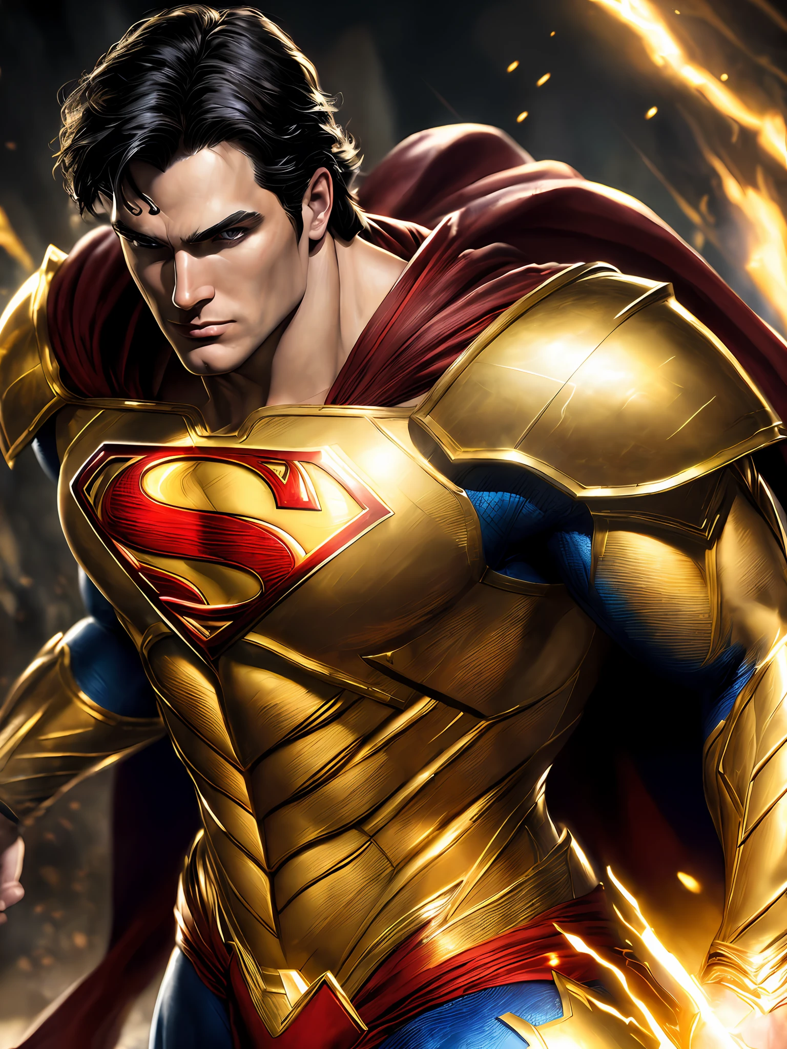 "(((masterpiece)))), best quality, magnificent golden effects, powerful armor, main Superman, dynamic, great close-up, focused face, bright eyes, determined expression, dramatic and dark background, strong lighting effect, vibrant colors."