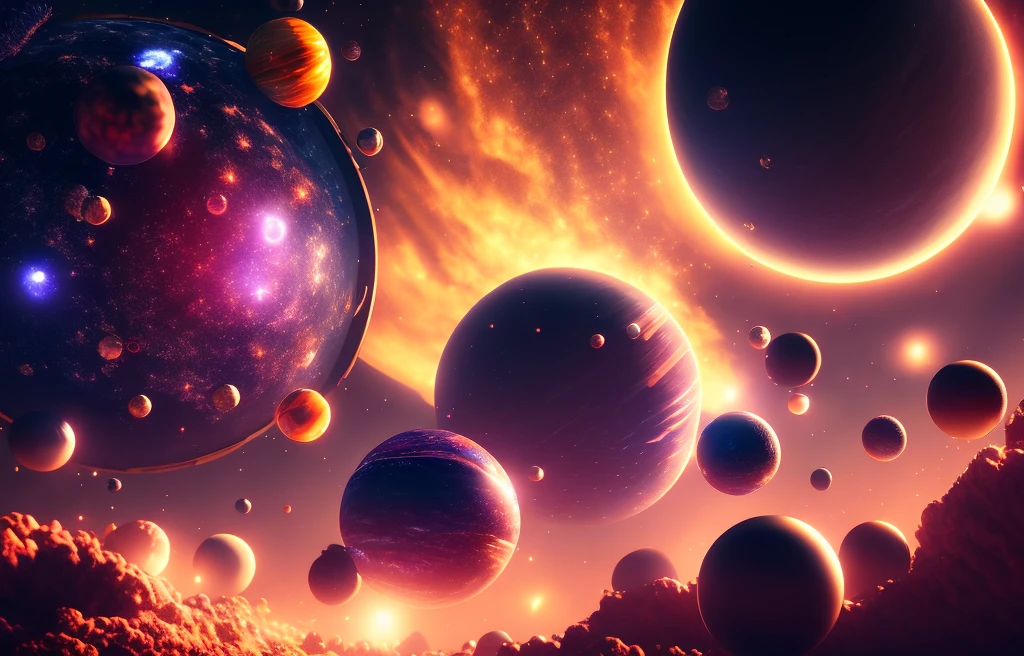 background stars, planets orbiting a black hole. (((masterpiece))), ((best quality)), realistic, 8k, ultra-detailed, ConceptArt, highly detailed RAW color photo, side angle, particle effects, ray tracing, cinematic lighting, shallow depth of field, shot on a Sony Alpha 1, sharp focus, solar system