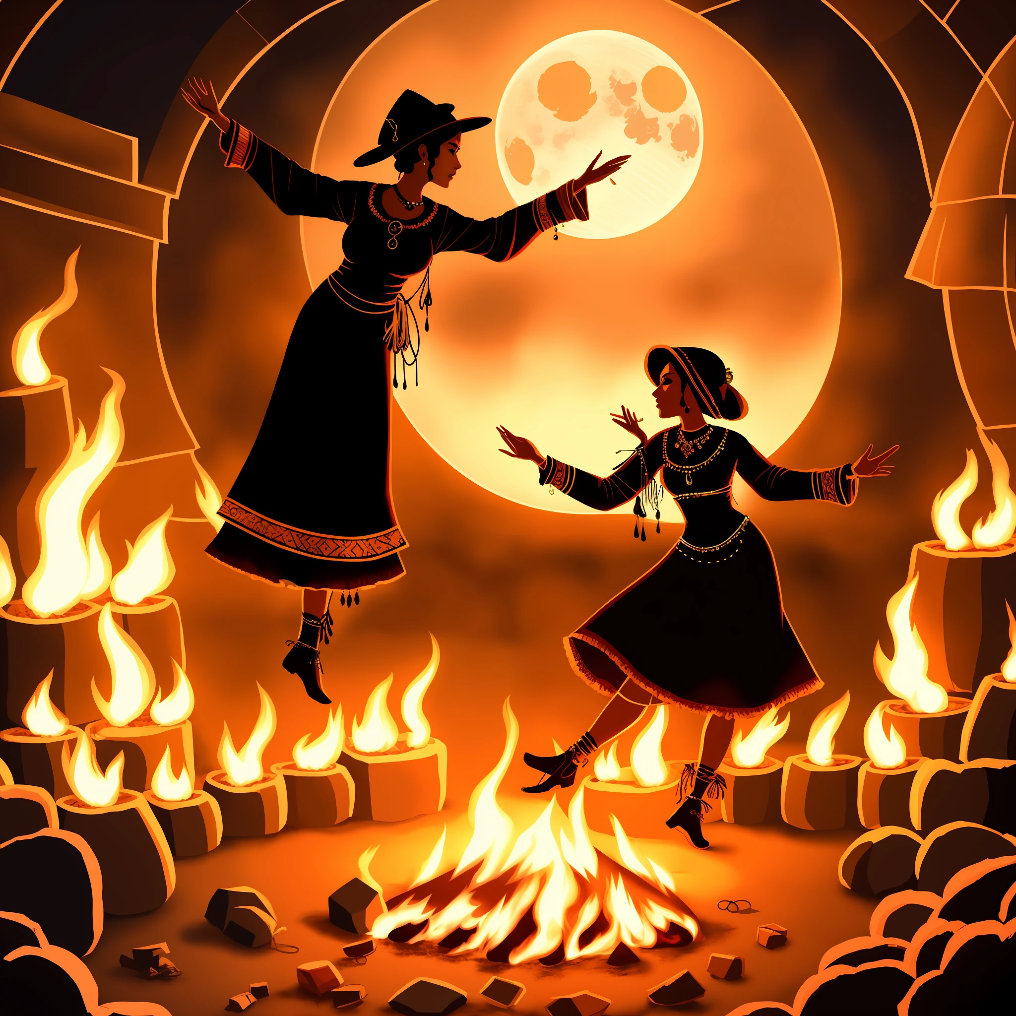 Gypsy fortune teller dancing in the fire under the moon