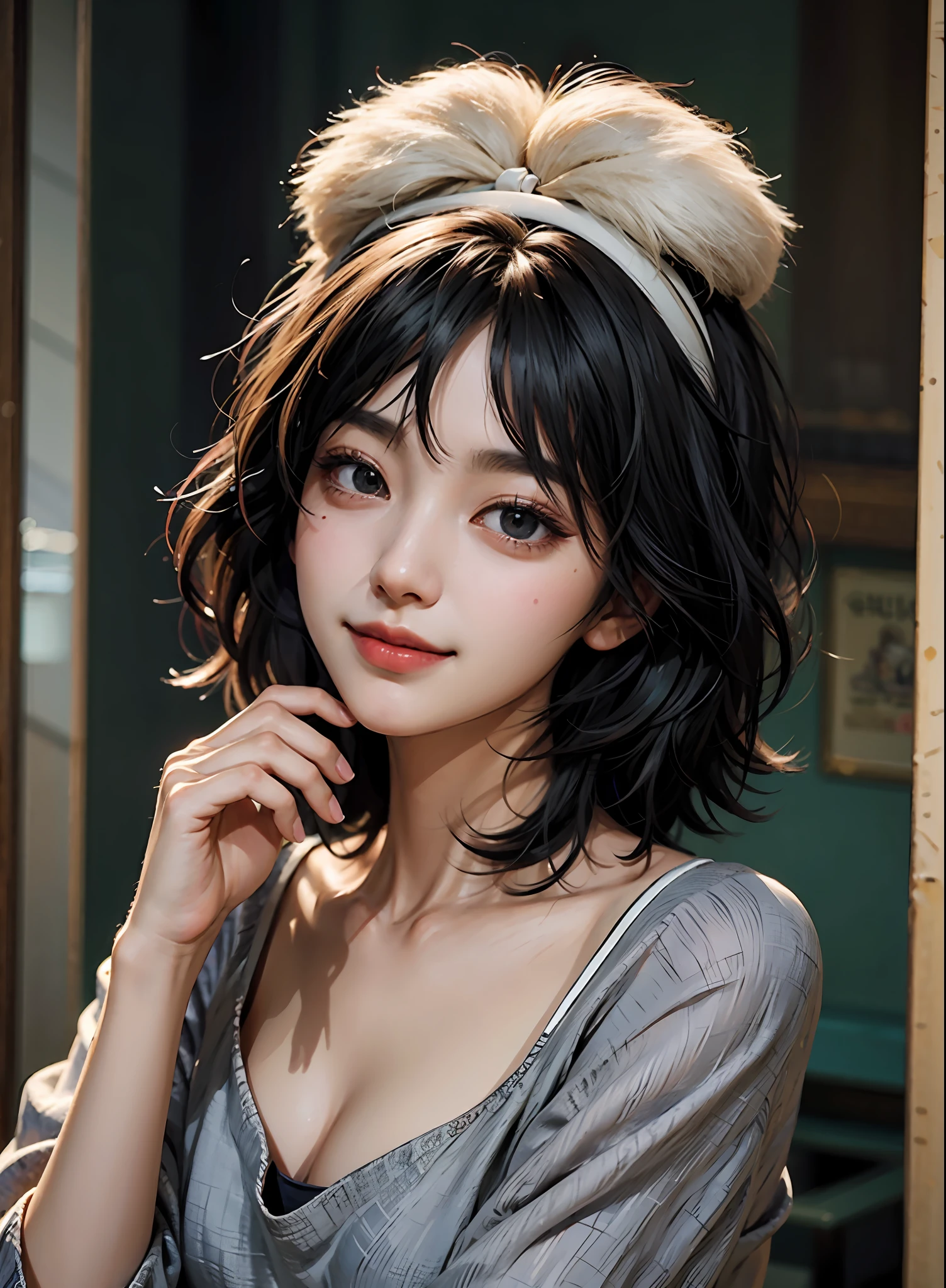 korean woman, (masterpiece, pretty person, polluted smile), virtual youtube, detailed skin texture, detailed cloth texture, beautifully detailed face, masterpiece, collarbone, (ULZZANG-6500-V1.1:0.4)