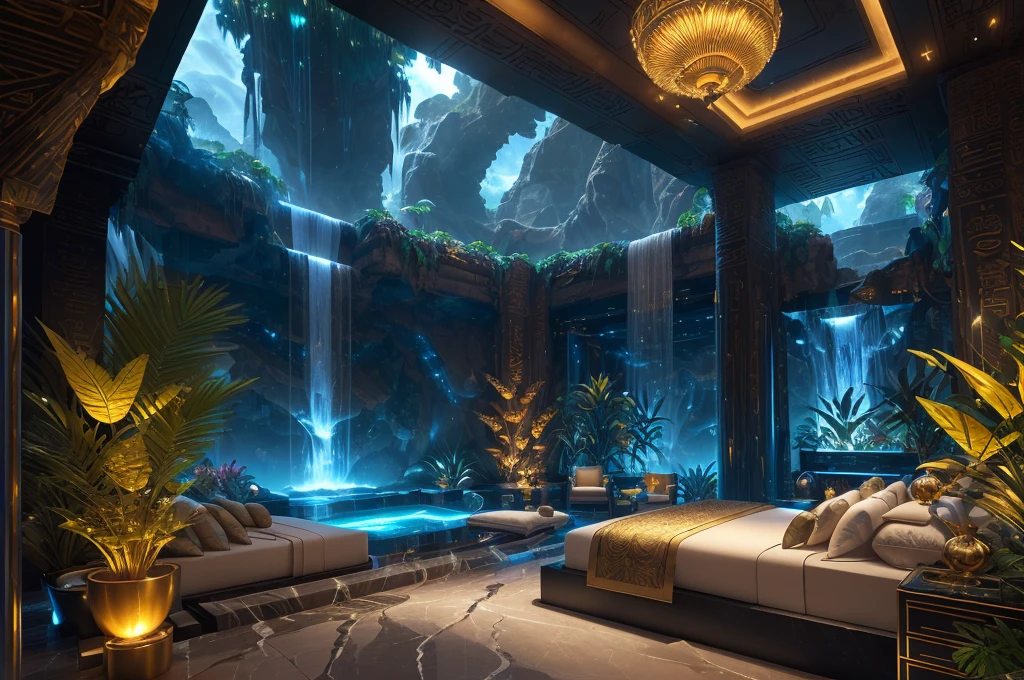 incredible luxurious futuristic bedroom interior in Ancient Egyptian style with many (((lush plants))) (lotus flowers), ((palm trees)), rocky walls, ((sand)), ((waterfalls)) (marble), ((precious minerals)), ((metals)), (gemstones), crystals, clouds and ((water)), crocodiles, (hieroglyphics), (((ultra luxury))), (black marble) – with ((beautiful lights)), Unreal Engine, HQ, 16k