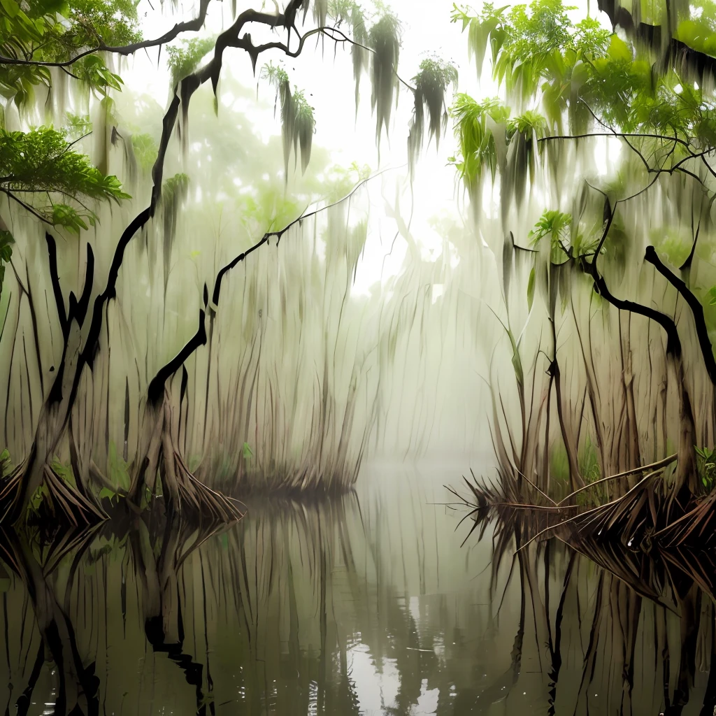 Mangrove Forest which fog. Alligator. Mythical light