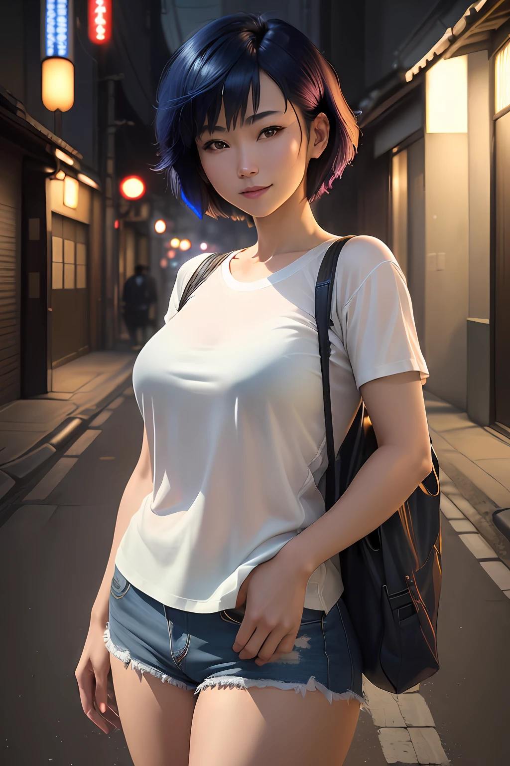((best quality)), ((masterpiece)), (detailed), ultra-detailed, best shadow, high contrast, (best illumination, an extremely delicate and beautiful), ((cinematic light)), intricate details, Motoko Kusanagi, short blue hair, inverted bob hairstyle, white tshirt, short jeans, smile, outside, street, Japan, night