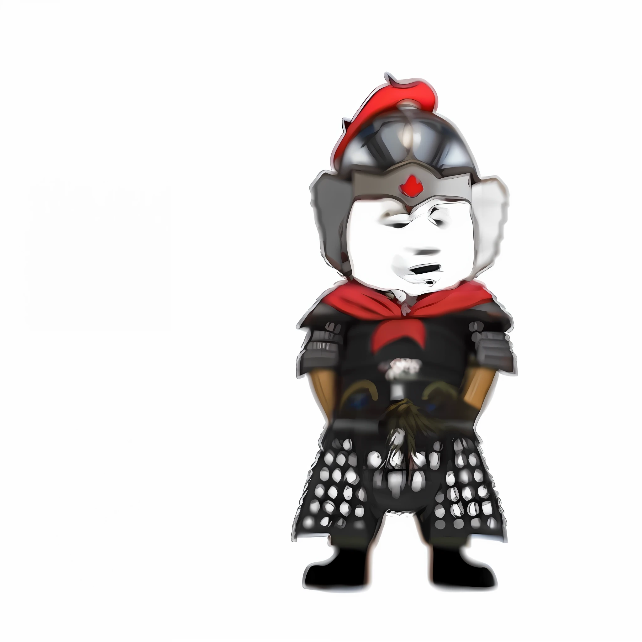 a close up of a cartoon character wearing a helmet and a red cape, inspired by Dong Yuan, inspired by Miao Fu, inspired by Tawaraya Sōtatsu, 3d model of a japanese mascot, inspired by Shūbun Tenshō, chinese warrior, picture of an adult male warrior, inspired by Tōshūsai Sharaku