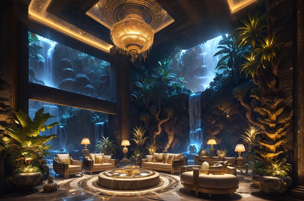 incredible luxurious futuristic interior in Ancient Egyptian style with many (((lush plants))) (lotus flowers), ((palm trees)), rocky walls, ((sand)), ((waterfalls)), (marble), ((precious minerals)), ((metals)), (gemstones), crystals, clouds and ((water)), ((luxury furniture)), crocodiles, (hieroglyphics), (((ultra luxury))), (black marble) – with ((beautiful lights)), Unreal Engine, HQ, 16k