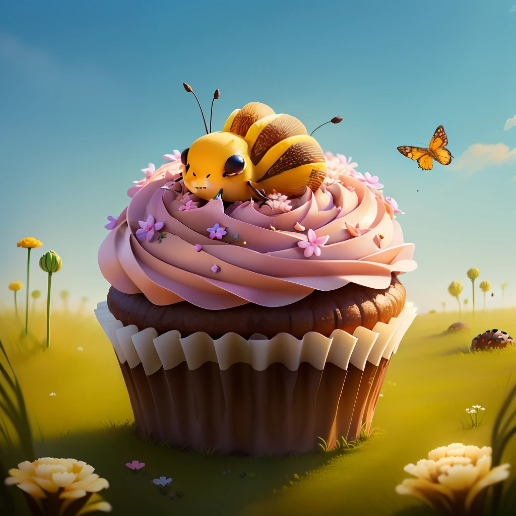 an anthill that looks like a cupcake, with ribbed sides, grass on top and small flowers that look like candy and a erfly on the edge.