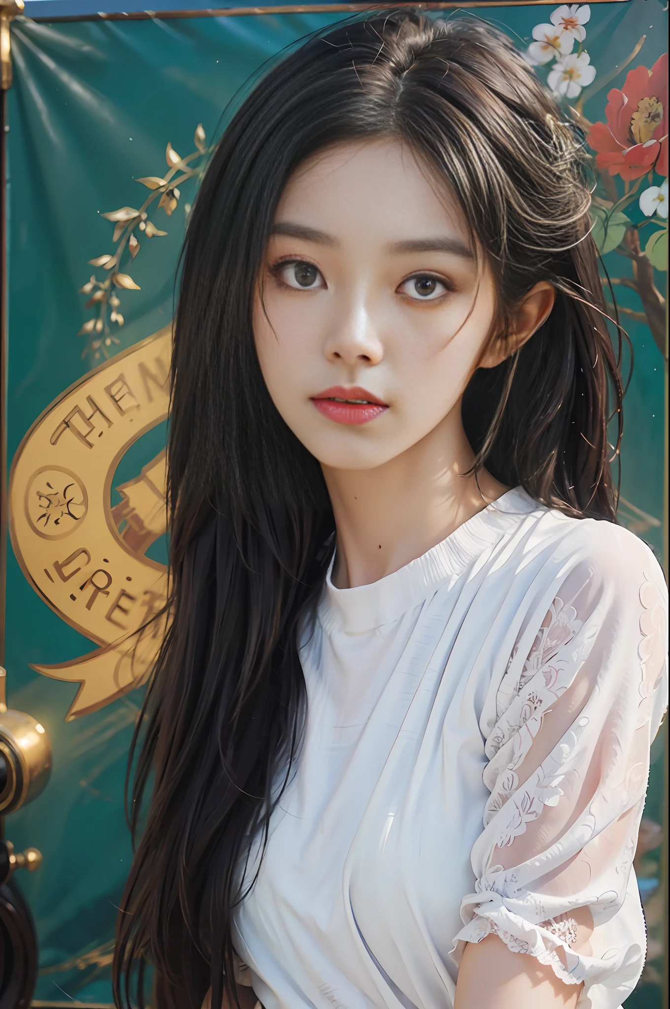 (RAW photo, best quality), (realistic, photo-realistic:1.3),best quality,highly detailed,masterpiece,ultra-detailed,illustration,1girl,upper_body,dynamic angle,world masterpiece theater,messy_long_hair,best quality,extremely detailed CG unity 8k wallpaper,ink,Amazing,cinematic lighting,lens_flare, dunhuang_style
