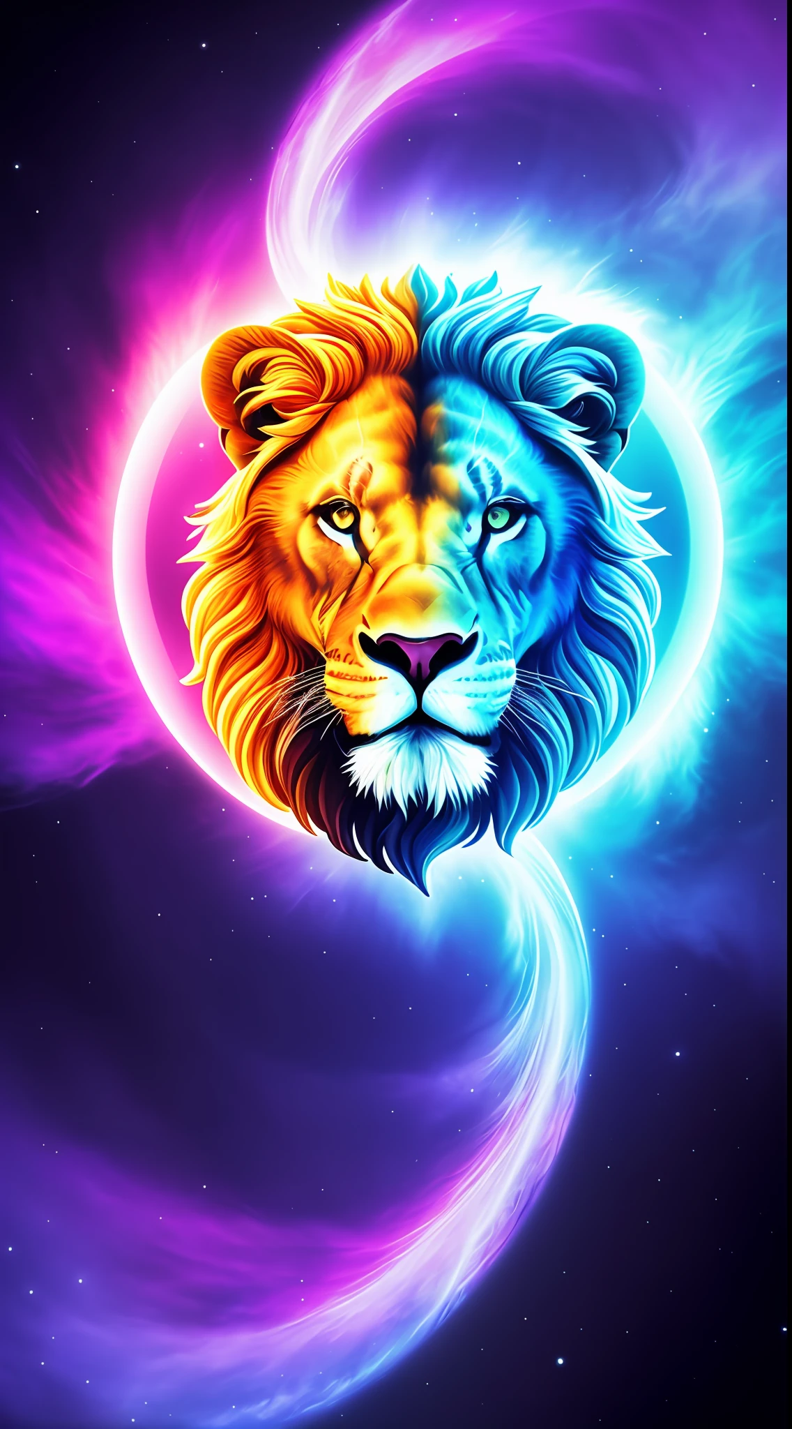 absurd, ultra detailed, Create an image using a prism effect, with light refraction and creating a colorful and kaleidoscopic appearance. Create an image with fisheye lens effect, capturing a wide field of view with a distinct, curved perspective. BREAK , Capture of an imposing lion style Greek sculpture, with a beautiful nebula in the colors baby blue and purple, conveying a sense of tranquility and natural beauty. BREAK , Illustrate a monochromatic world, convey depth, emotion and a stunning visual impact.