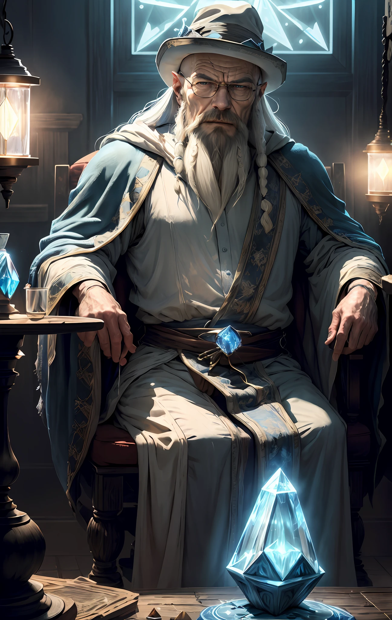 Walter White, (Masterpiece:1.2), (Best Quality), Detailed, UHD, Cinematic Lighting, sharp focus, (illustration:1.1), intricate, Old Wizard with long white hair and beard, wearing a wizard's robe and hat, pondering a blue glowing crystal, in a dimly lit room, magician's room, glowing lights, flickering lights,