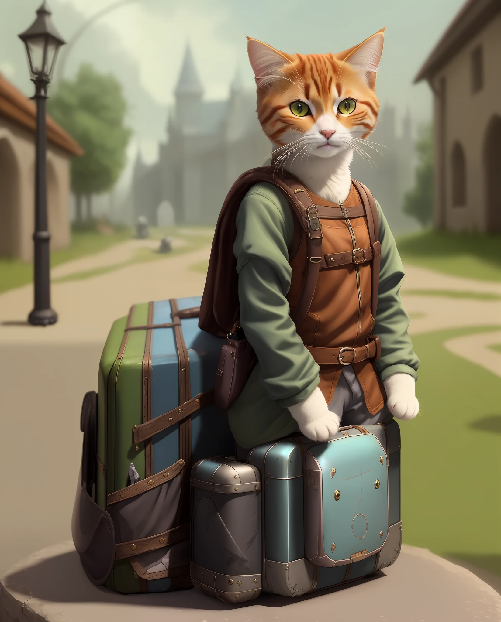 there is a cat that is sitting on a suitcase, adventure hyper realistic render, adorable digital painting, fantasy matte painting,cute, realistic fantasy render, an anthro cat, cattie - brie of mithril hall, portrait of an adventurer, anthro cat, highly realistic concept art, photorealistic concept art, realistic anime cat, cat the assassin